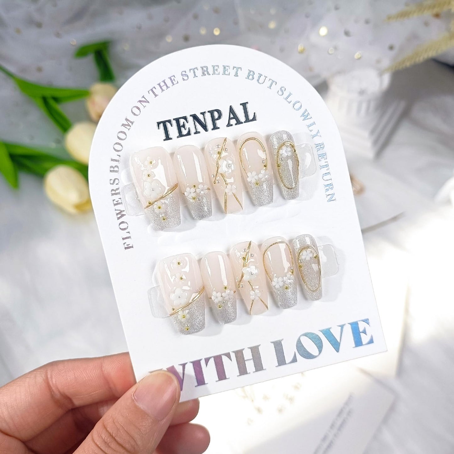 TENPAL 10PCS Soft Gel Press on Nails with Tools Kit,French Cat Eye Cherry Blossom 3D Gold Edge Fake Nails,Hand-Painted Sparkling Floral Design Glue on Nails,K-Style Medium Long Coffin False Nails(XS)