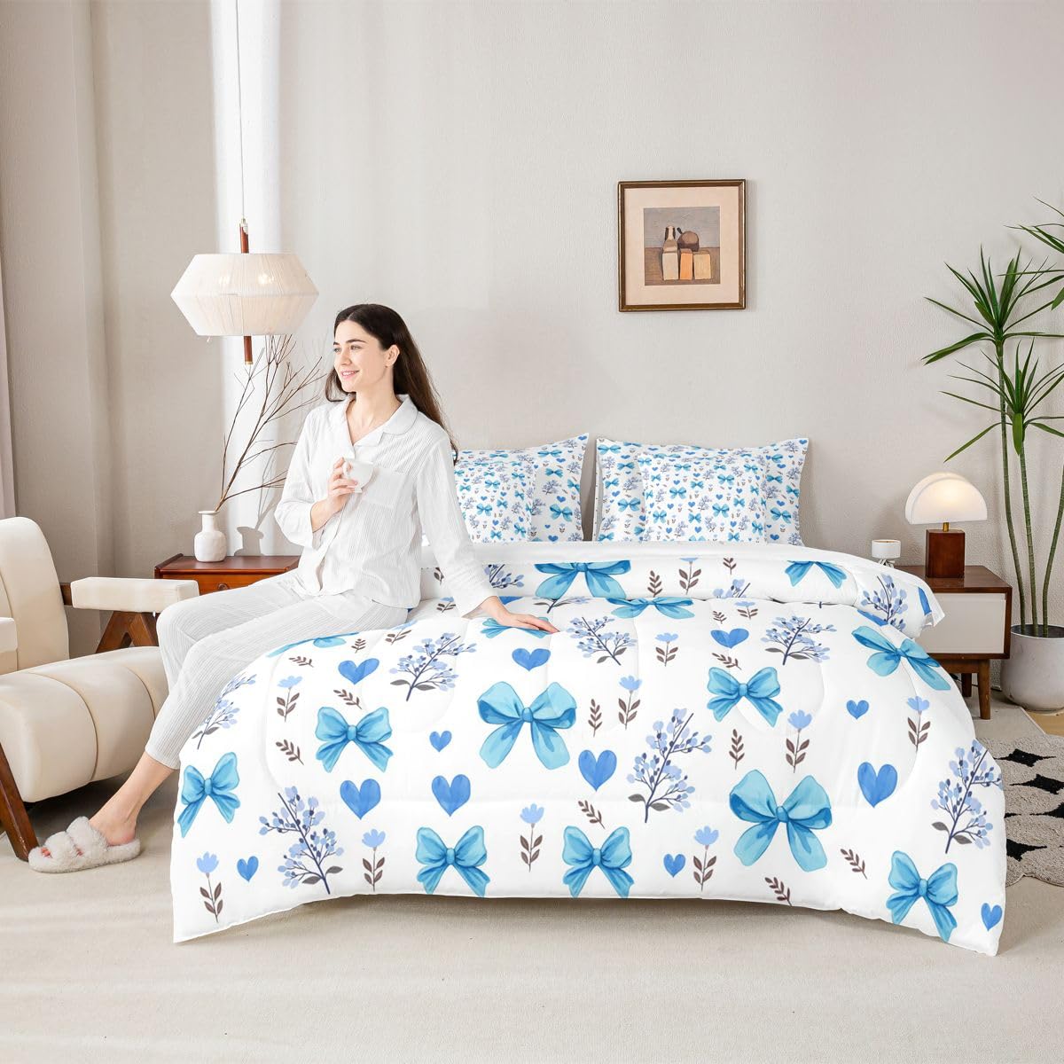 Feelyou Bow Comforter Set King Size 7 Pieces Blue Cute Floral Bedding Set for Kids Boys Girls Heart Bowknot Pattern Bed in a Bag with Comforter, Sheets, Pillowcases, Cushion Covers