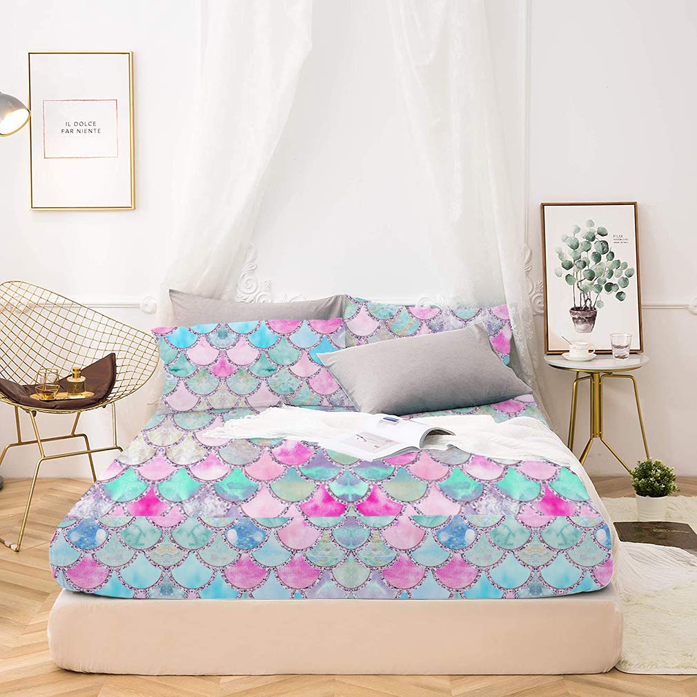 MUSOLEI Mermaid Fitted Sheet Set 3D Rainbow Scales Girls Bedding Set Girl Bed Sheets Girls Twin Sheets 1 Deep Pocket Fitted Sheet with 1 Pillowcase Wrinkle Free Cozy Microfiber (Twin)