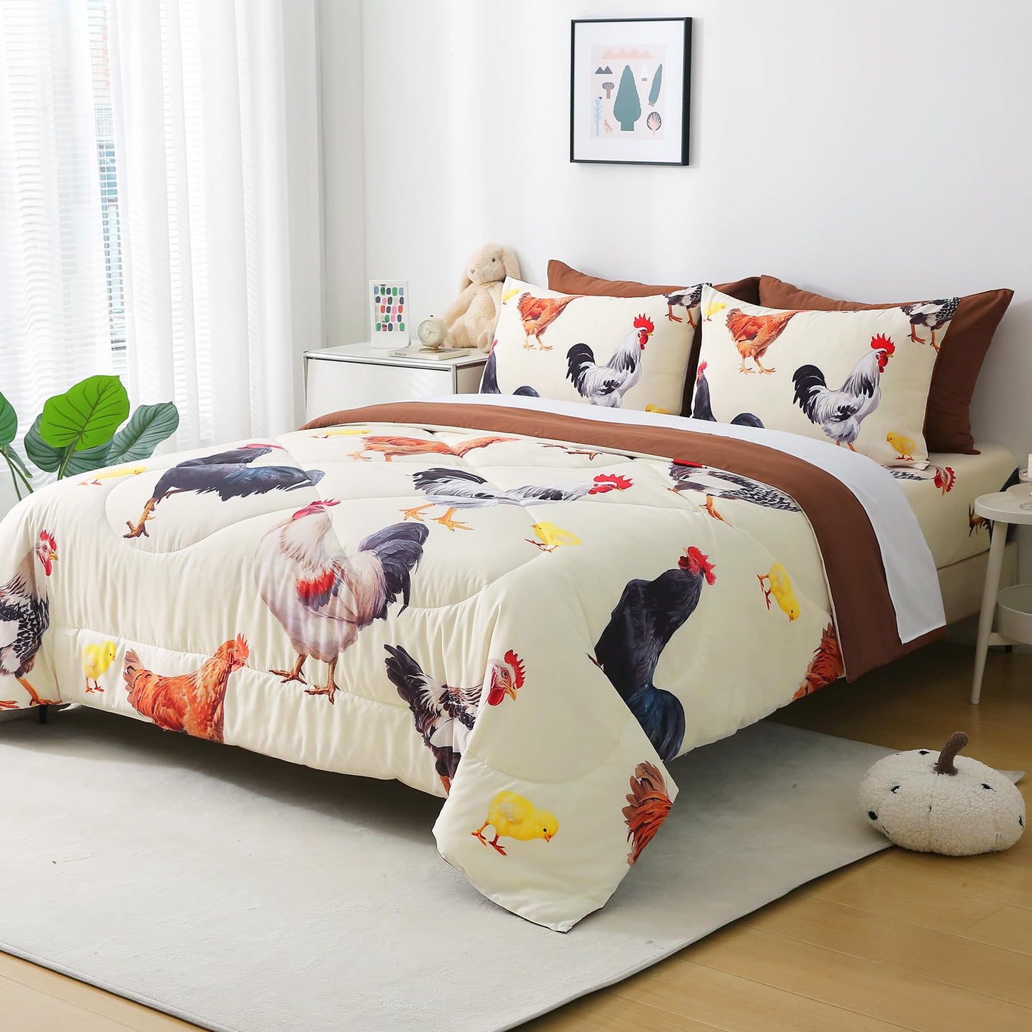 Wajade Chicken Comforter Set 7 Pcs Animal Theme Bedding Set Queen Size for Kids Adults Chicken Quilt Farm Theme Printed Pattern for Thanksgiving Birthday