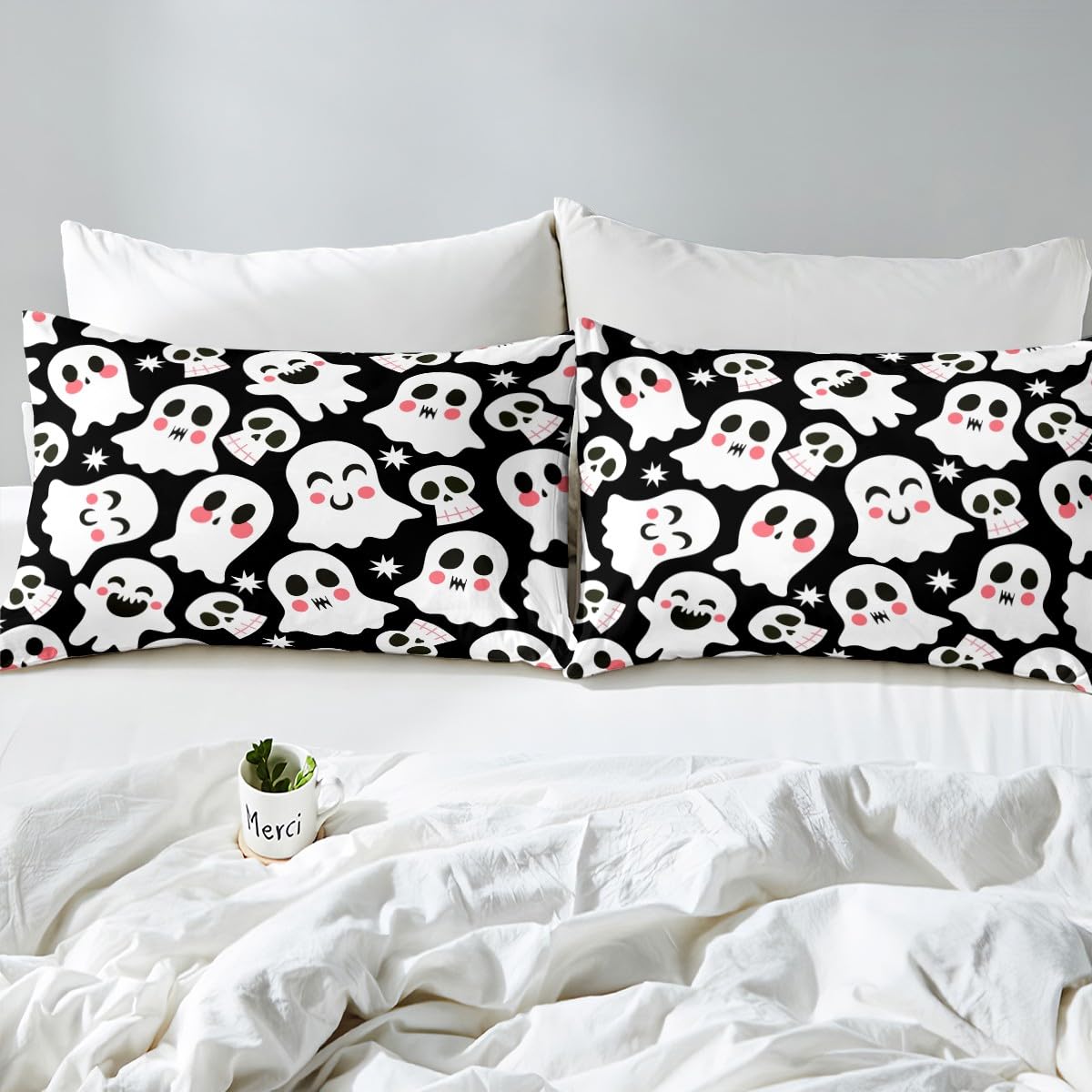 Feelyou Black Halloween Sheets Set Cute Ghost Twin Size Bedding Set Decoration for Kids Boys Girls Cartoon Autumn Happy Fitted Sheet Halloween Bed Sheet Set Collection