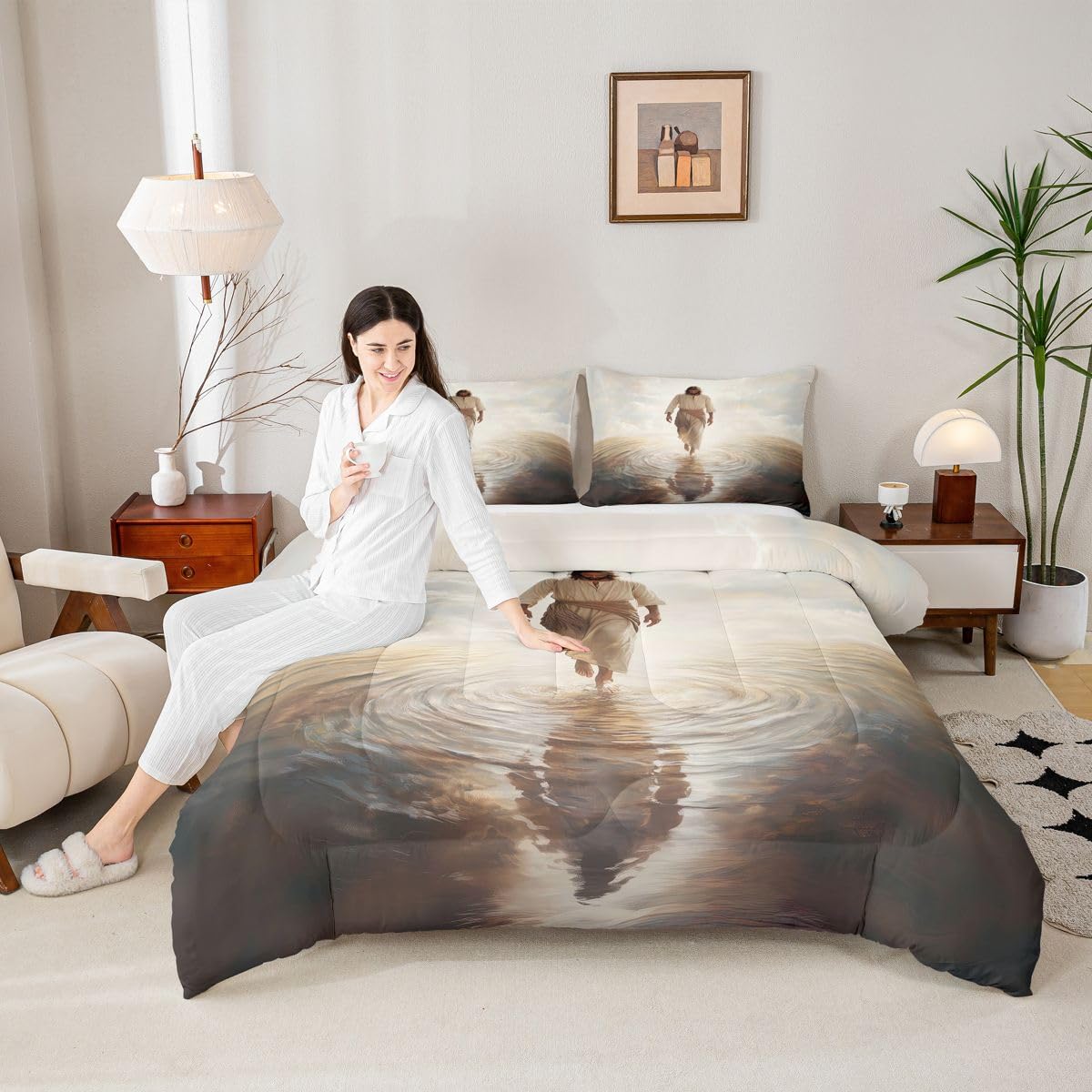 Manfei God Walking on Water Girls Bedding Set Twin Size,Bible Verse Western Faith Comforter Set,Modern Artwork Spiritual Quilt Comforter Girls Boys Teens,Beige Gray Room Decor All Season,1 Pillowcase