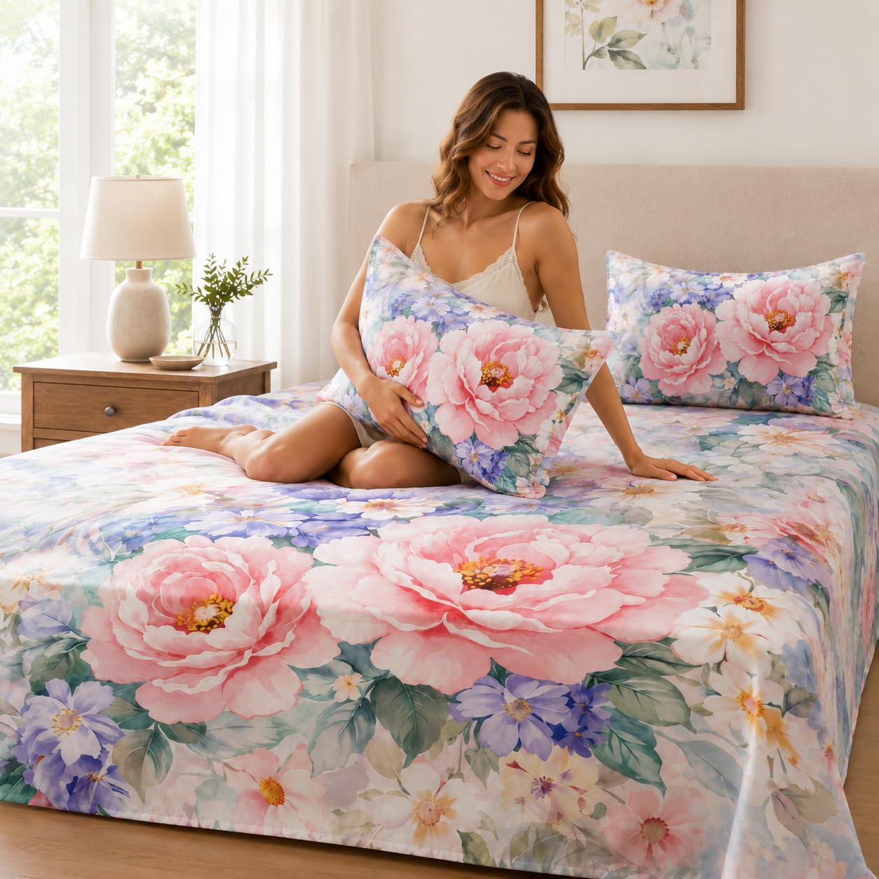 YIYEA Queen Sheet Set, Luxury 1800TC Hotel Quality Double Brushed Microfiber Floral Bed Sheets for Queen Size Bed, Ultra Soft, Deep Pocket, Shrinkage and Fade Resistant, 4PC, Queen