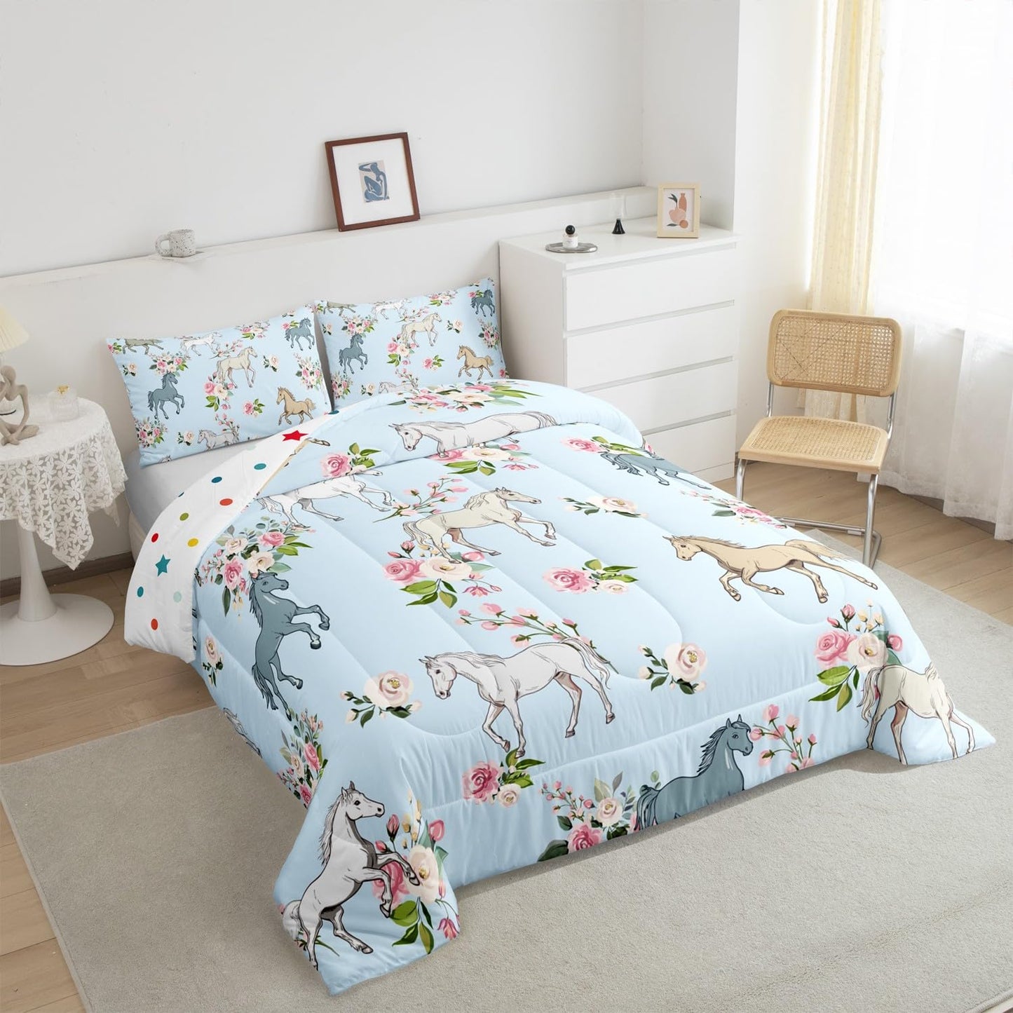 Erosebridal Horse Quilt Queen Size, Farmhouse Western Cowboy Cowgirls Duvet Insert for Kids Boys Girls Teens, Cartoon Kawaii Horse Bedding Set, Rustic Rose Floral Comforter Set + 2 Pillow Cases