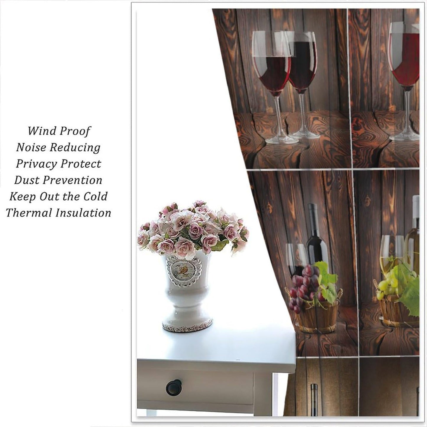 BenYaSong Wine Decor Window Curtain Wine Themed Collage on Wooden Backdrop with Grapes and Meat Rustic Country Drink for Home Kitchen Livingroom Coffee Room Window Curtain Drapes 2 Panels 42x45 Inch