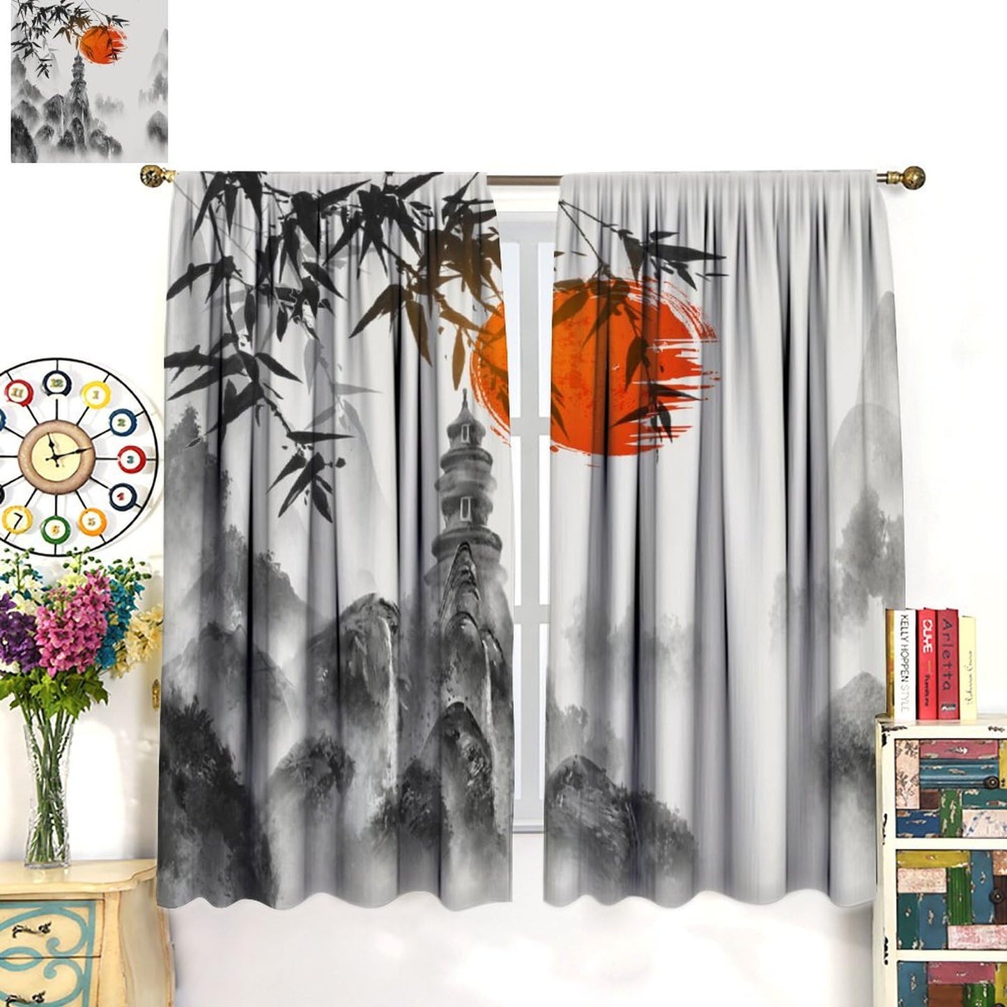 Japanese Curtain,Ink Painting Red Sun Sunset Bamboo Leaves Window Treatment Curtains Cloth Farbicr Dining Room Cafe Living Room Bedroom Kitchen Office Drapes Decor,42x45 in