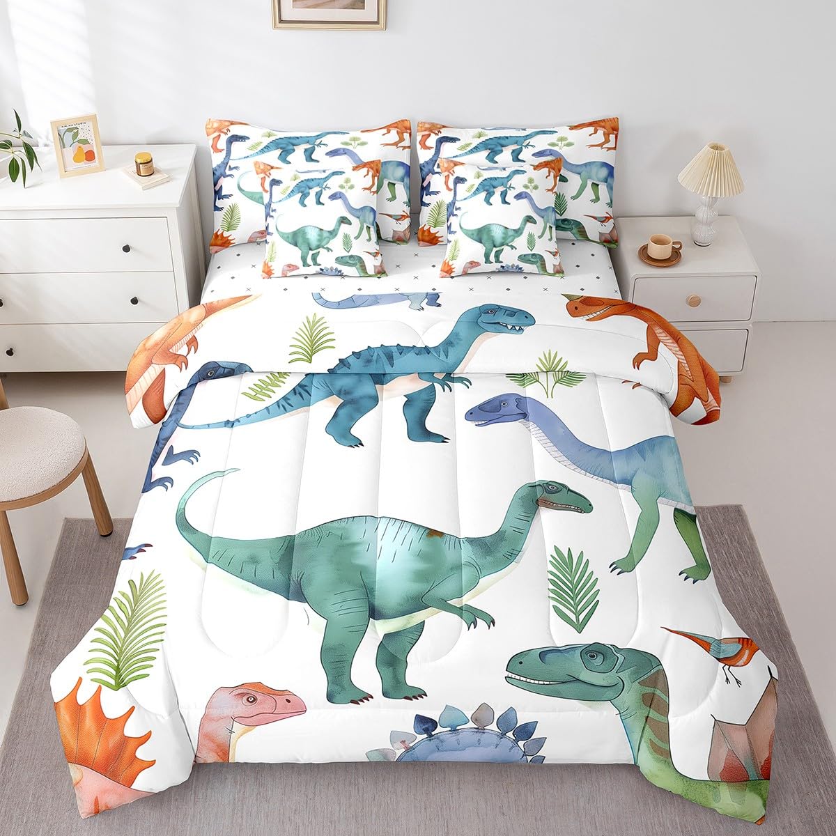 Erosebridal 7 Pcs Dinosaur Comforter Set Twin Colorful Dinosaur Quilt with Flat Fitted Sheet Wildlife Botanical Bedding Sets Jungle Ancient Animals Bed in A Bag
