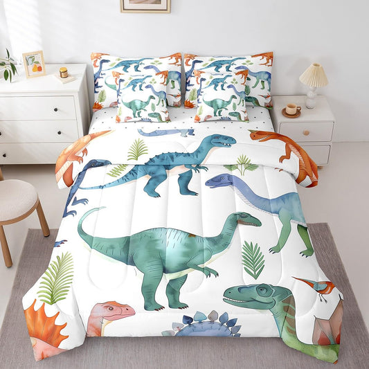 Erosebridal 7 Pcs Dinosaur Comforter Set Twin Colorful Dinosaur Quilt with Flat Fitted Sheet Wildlife Botanical Bedding Sets Jungle Ancient Animals Bed in A Bag