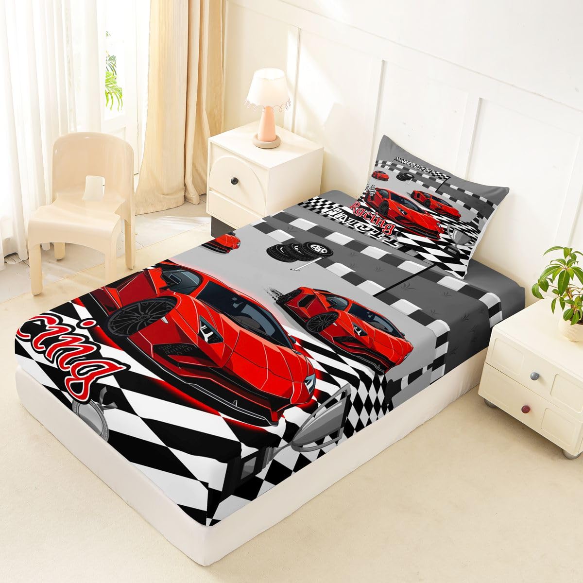 Feelyou Boys Sports Car Fitted Sheet with 1 Pillowcase Twin Size Red Speed Race Car Bed Sheets Set 16" Deep Pocket Boys Girls Racing Extreme Sports Bedding Teens Bedroom Decor Breathable Lightweight