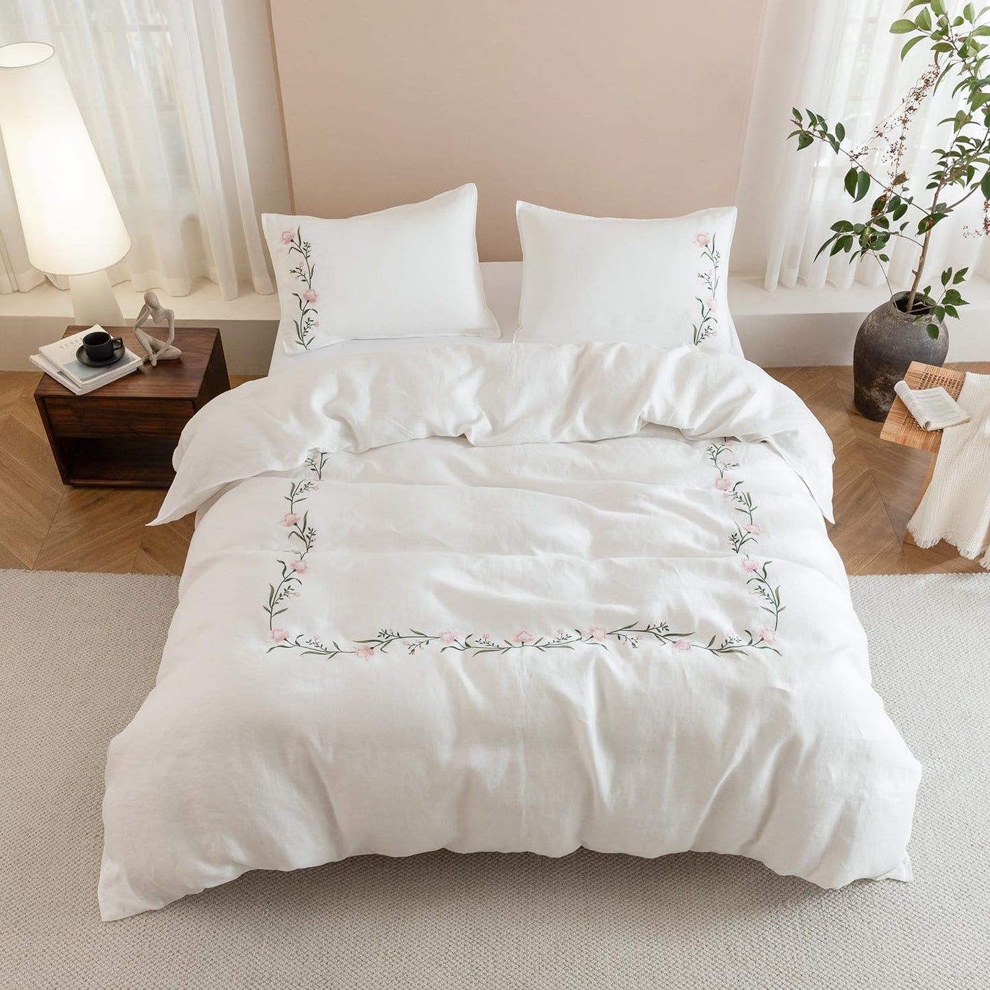 EVERLY 100% Pure Linen Duvet Cover Set Queen Size90X90Inch 3pcs (1 Duvet Cover,2 Pillowcases) Soft and Breathable for All Season with Coconut Button Closure, Suitable for Hot Sleepers-Linen-Queen