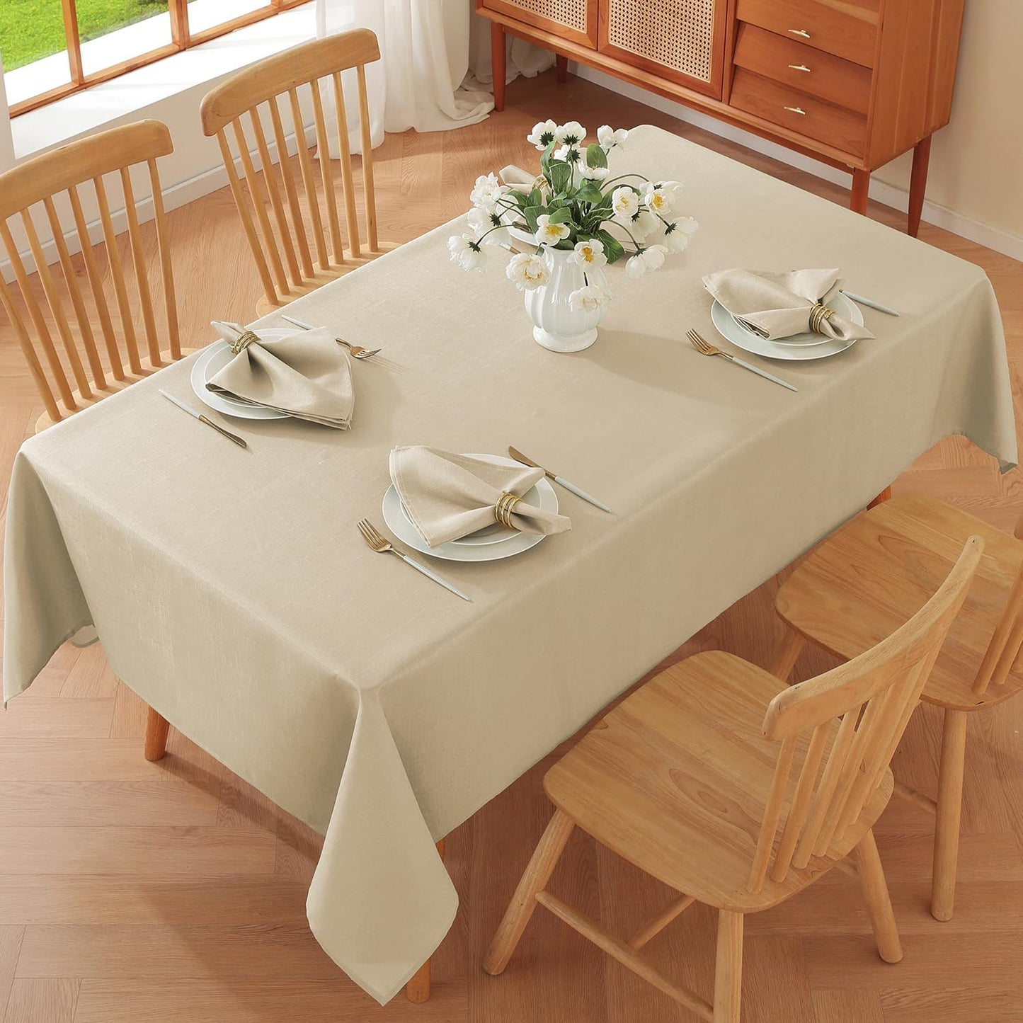 SASTYBALE Linen Tablecloth Rectangle Spillproof Table Cloth Wrinkle Resistant Washable Textured Linen Table Cover for Kitchen Dinning Parties Farmhouse Outdoor Beige 52" x 70"