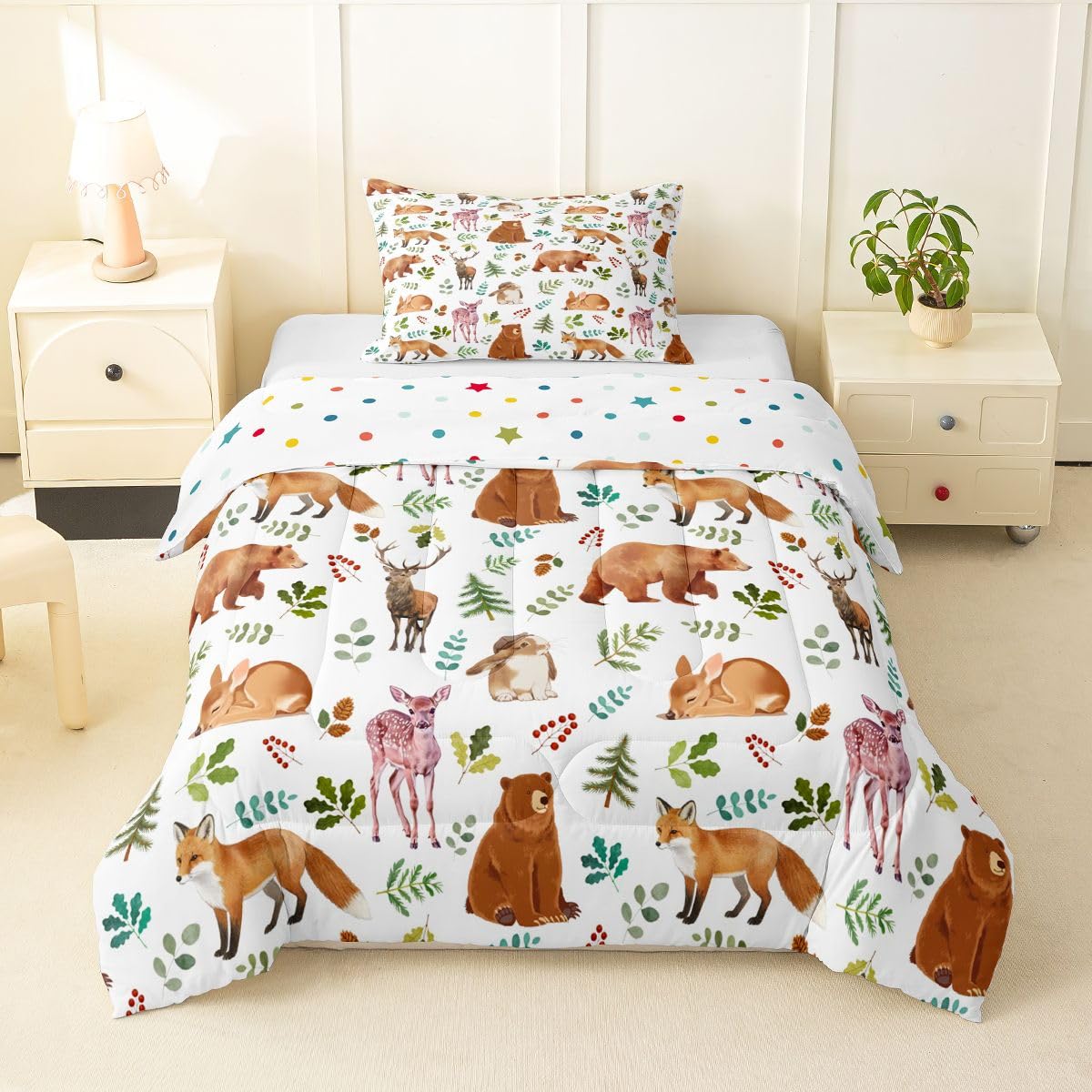 Erosebridal Woodland Forest Animals Twin Bedding Sets for Boys Girls, Cartoon Animal Print Comforter Set for Kids Teen, Cute Bear Deer Fox Rabbit Bed Set, Wildlife Theme Room Decor (1 Pillowcase)