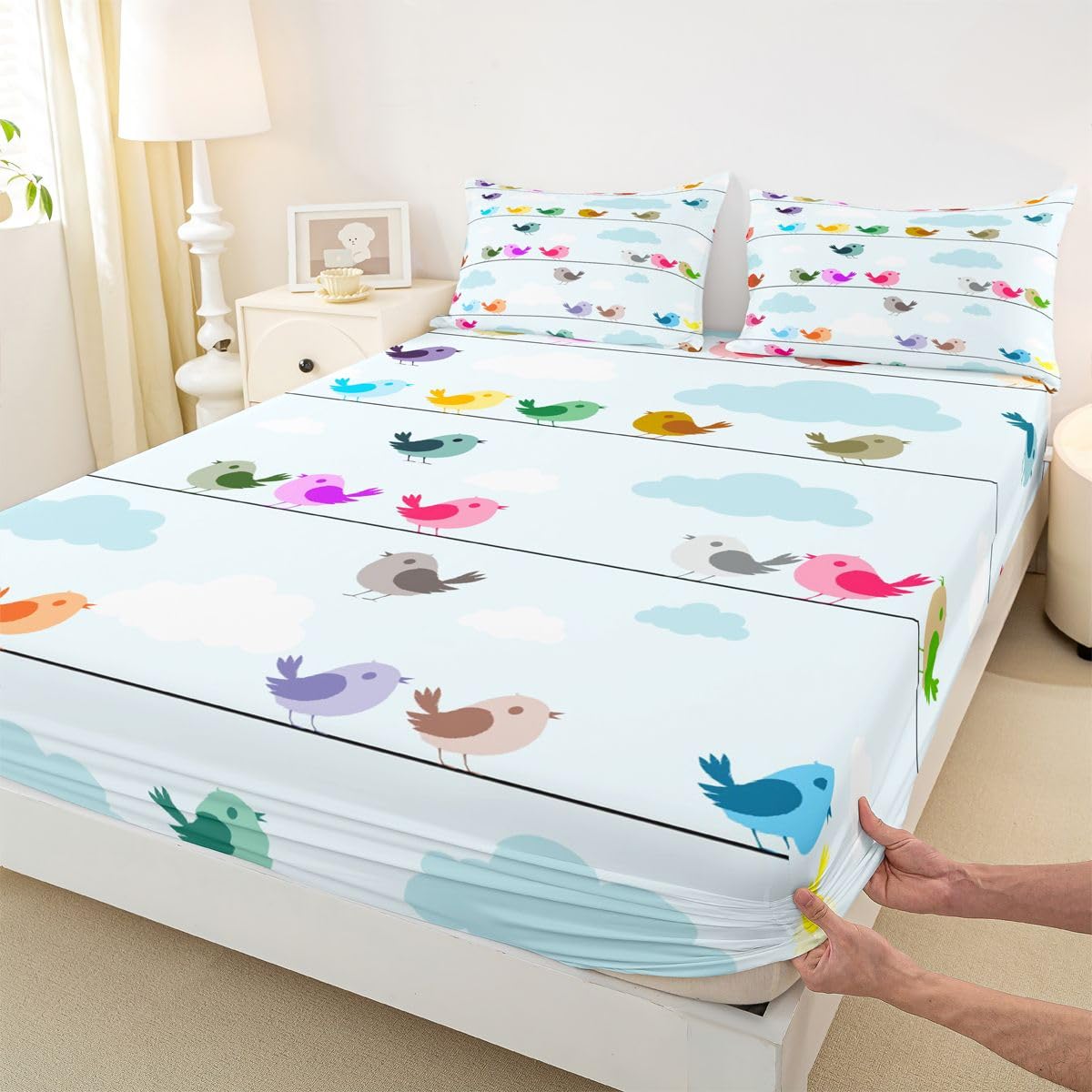 Erosebridal Kids Bird Bedding Sets King Size,Boys Girls Cute Cartoon Animals Bed Sheet Set Colorful Lovely Birds Sheet Set,Blue Sky White Clouds Fitted Sheet + Flat Sheet + 1 Pillow Case