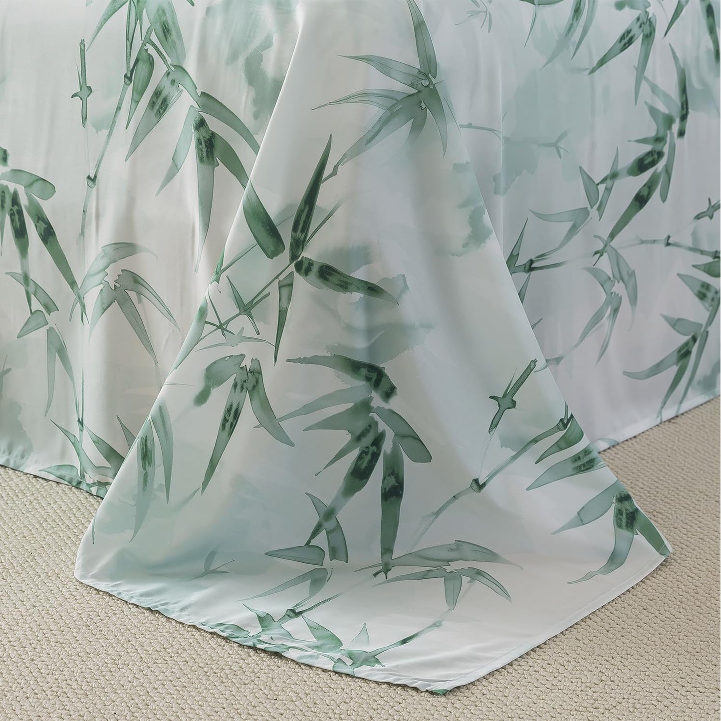 FADFAY Twin Size Sheet Set, 70% Viscose Derived from Bamboo, 30% Cotton 4 Pieces Country Style Green Leaves Print Bedding, Deep Pocket Fitted Sheet