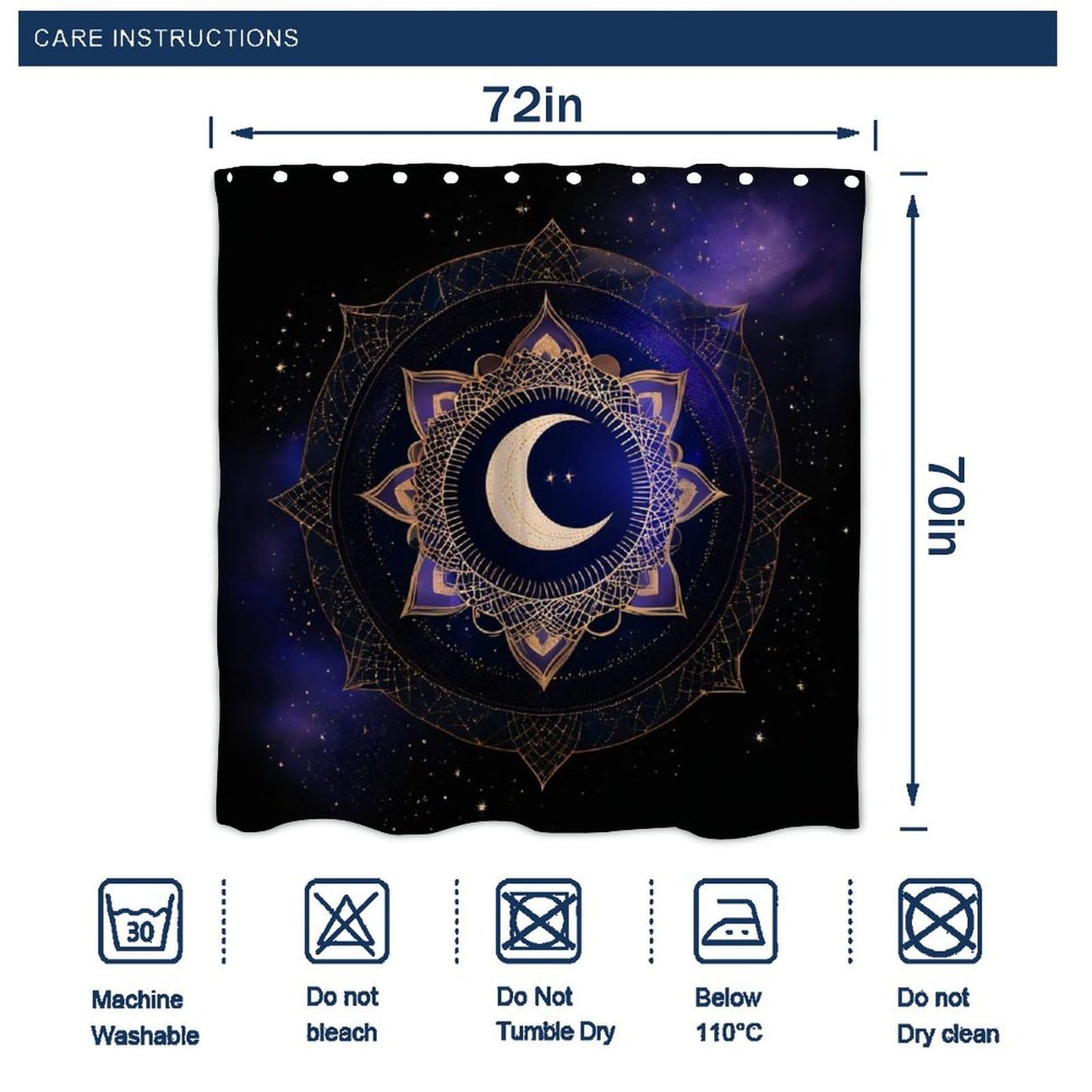 100% BLUE COLLAR Fashion Curtain Bathroom Decorative, Sacred Geometric Symbol Purple Space Galaxy Stars Mystic Sun Moon 72" x 70" Shower Curtain with Hooks