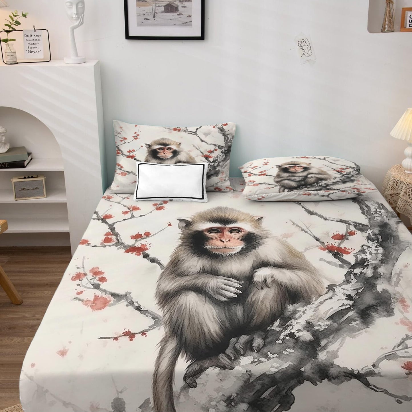 Monkey Sheets King Size, Cherry Blossom Wildlife Bed Sheets, Patterned Bedding Sheets & Pillowcases 4 Piece Set - Soft Microfiber Deep Pocket Fitted Sheet & Flat Sheet & 2 Pillow Cases J9-&-200
