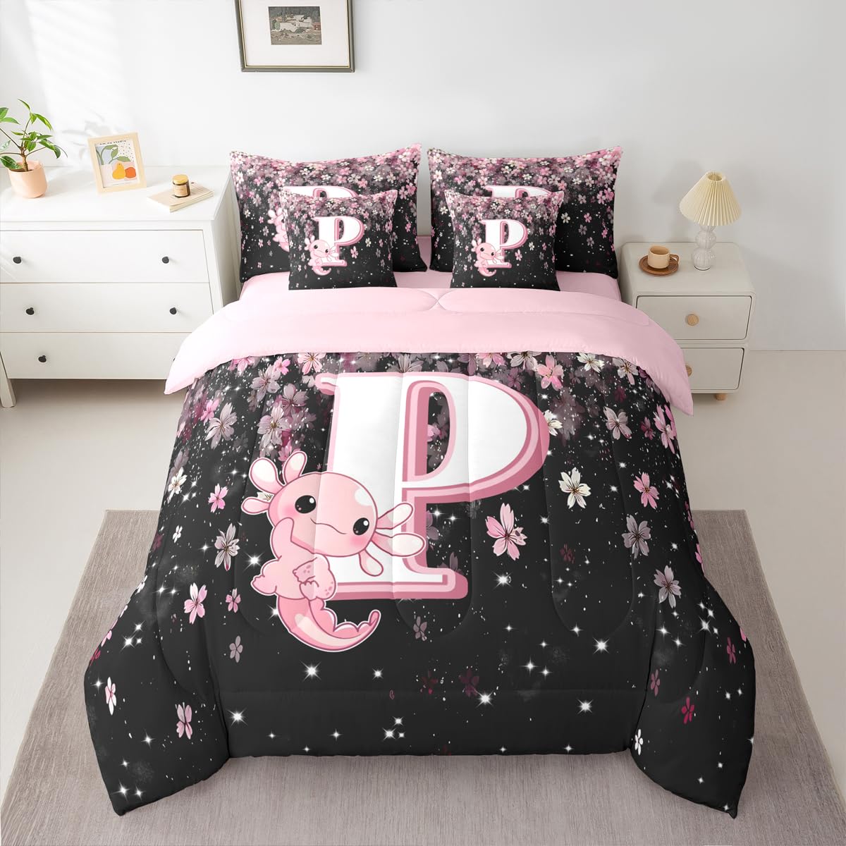 Erosebridal Pink Axolotl Bedding Set for Teen Girl (Pink Black,7Pcs,Twin Size) - Cute Initial Letter P Bed in A Bag Cherry Blossom Comforter Set Girly Preppy Cute Axolotl Quilt with Initial Design