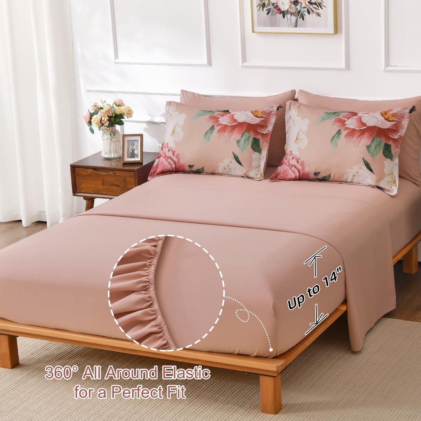 Dobuyly Coral Comforter Set Queen 7 Piece Bed in a Bag for Girls Women, Coral Pink Floral Bedding Set, Soft Microfiber Bed Set with Comforter, Sheets, Pillowcases & Shams