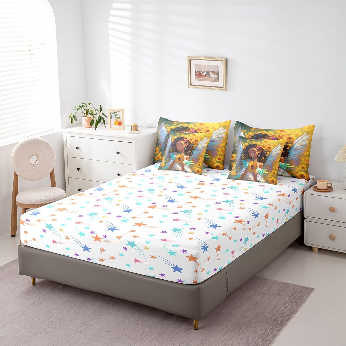 Castle Fairy Dreamy Angel Comforter Set 7 Pieces Twin Size,American Style Cute Girl Bedding Set for Kids,Spring Theme Sunflower (Comforter+Fitted+Flat Sheet+2 Pillowcases+2 Throw Pillow Covers)