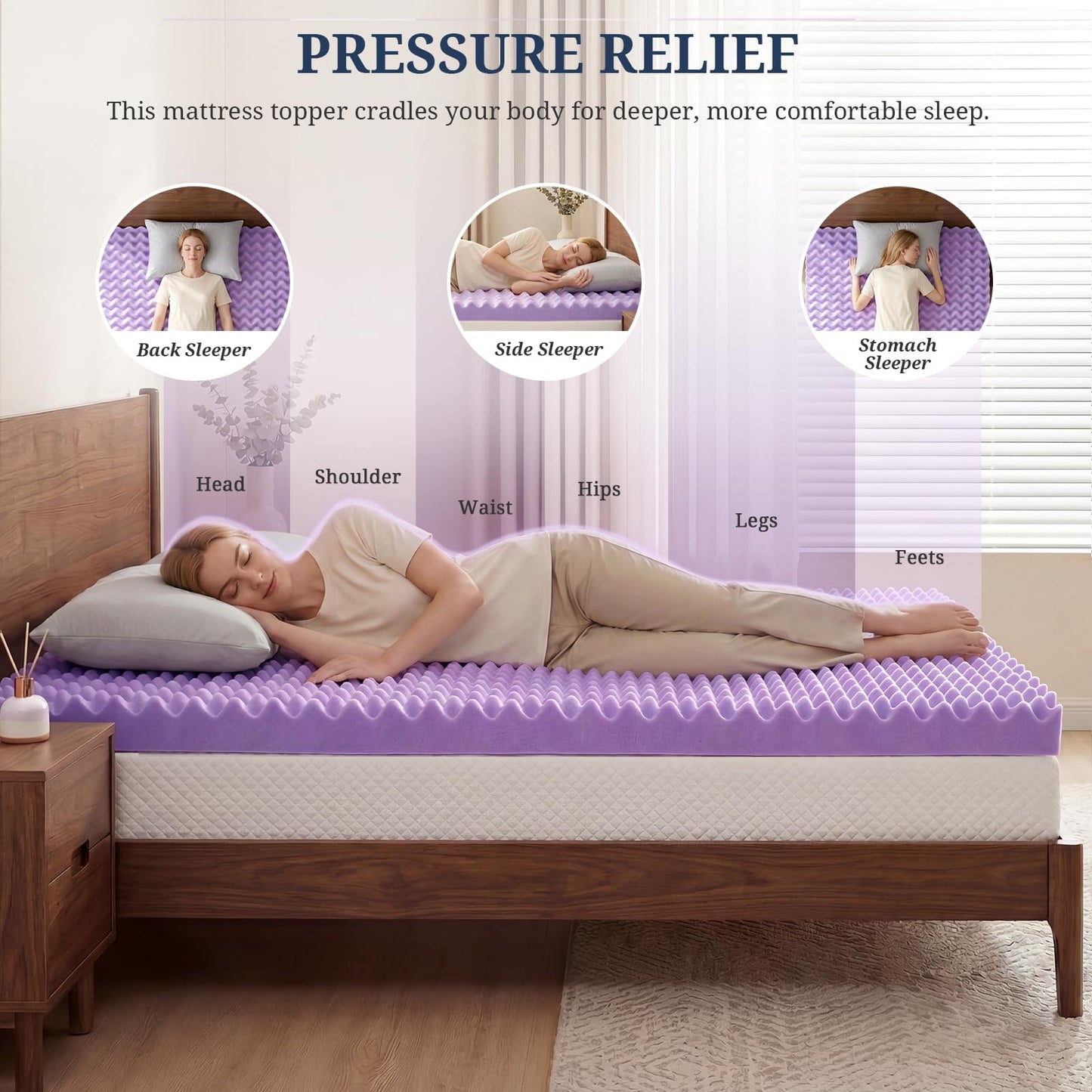 3 Inch Egg Crate Mattress Topper Queen, Gel Infused Memory Foam Mattress Topper for Pressure Relief, Breathable Mattress Pad Bed Topper in a Box, CertiPUR-US Certified, Purple, 60"×80"