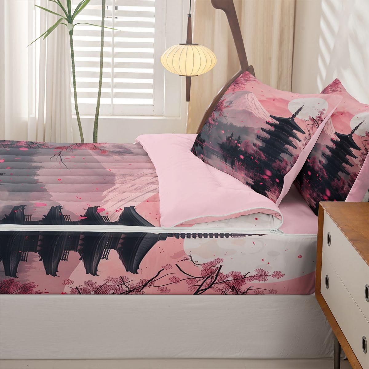Erosebridal Pink Japanese Kids Comforter Set Full Cherry Blossom Zipper Bedding Sets for Boys Girls Teen Mount Fuji Sunset 3 Pcs Bed in a Bag Set Vintage Japanese Art Zip Up Bedding