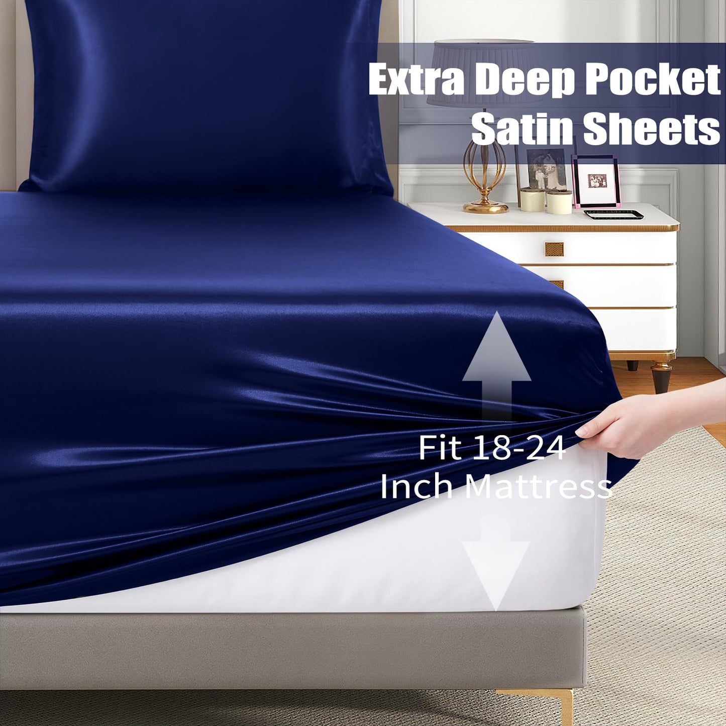 VACVELT 3pcs Extra Deep Pocket Satin Fitted Sheet Set Queen Bed Set, Navy Blue Bottom Sheet Fit 18-24 Inch Deep Pocket Mattress, Silky Bedding Set Soft & Ultra Deep Fitted Sheet + 2 Pillowcase