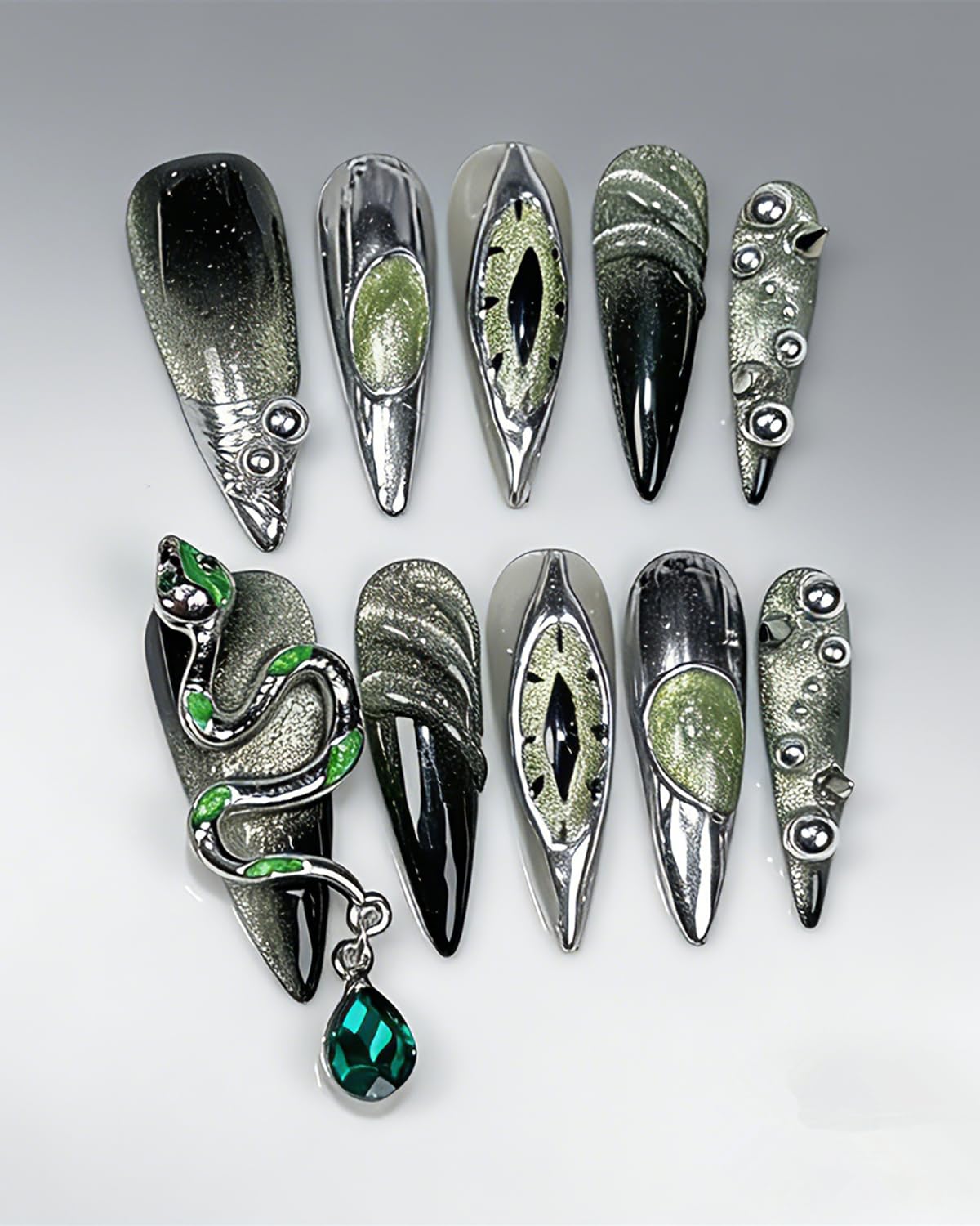 CAMILCY Luxury Handmade Press on Nails Long Stiletto Green Snake Chrome Gothic Fake Nails Glossy Black Green Gradient Crystal Charm Reusable Acrylic Nails for Women 10pcs (A038, M)