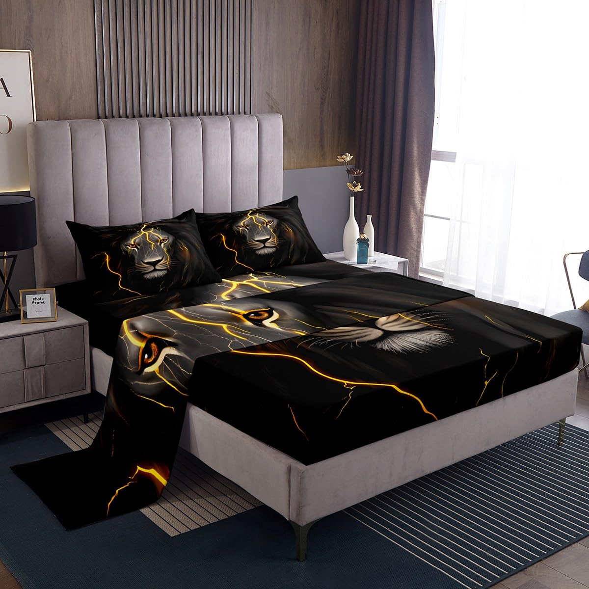 Erosebridal Lion Bed Sheet Set King Gold Lightning Lion Head Bed Sheets Black Grey Wildlife Bedding Sets for Kids Boys Teens Adults Men Wild Animal Fitted Sheet & Flat Sheet 2 Pillow Cases