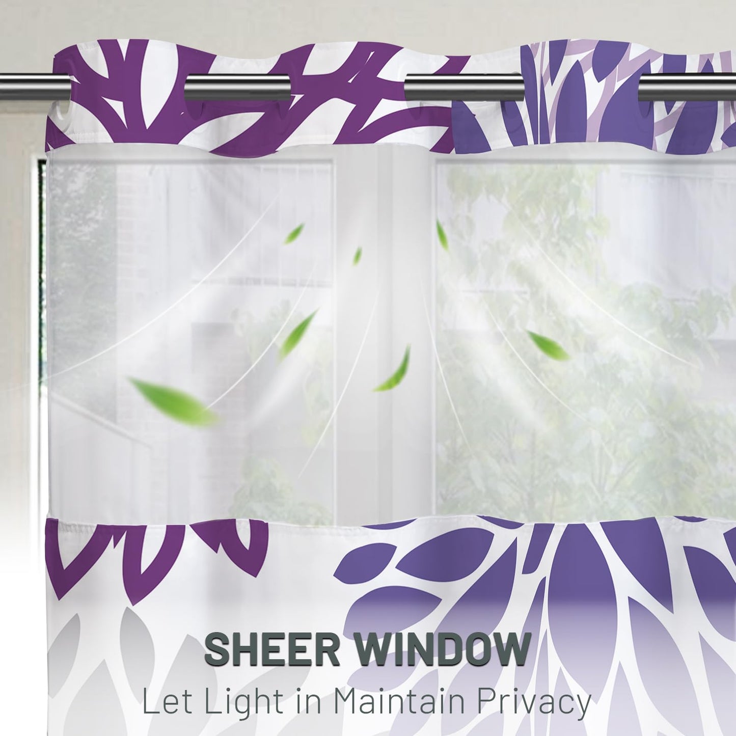 WITHLOC No Hook Shower Curtain with Snap in Liner, Removable Liner Water Repellent, Easy Install & Machine Washable, Hotel Style Bathroom Watercolor Floral Curtain, Purple, 71" W x 74" L