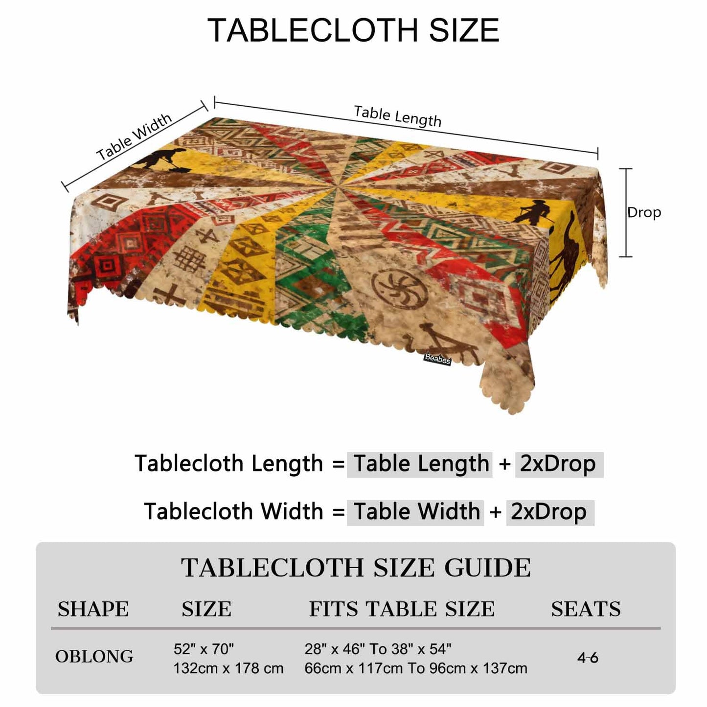 Beabes Decorative Rectangle Tablecloth 52"X70" African, Ethnic African Geometric Patchwork Grunge Wrinkle Free Table Cover Picnic Table Cloths for Parties Weddings Kitchen Tablecloth