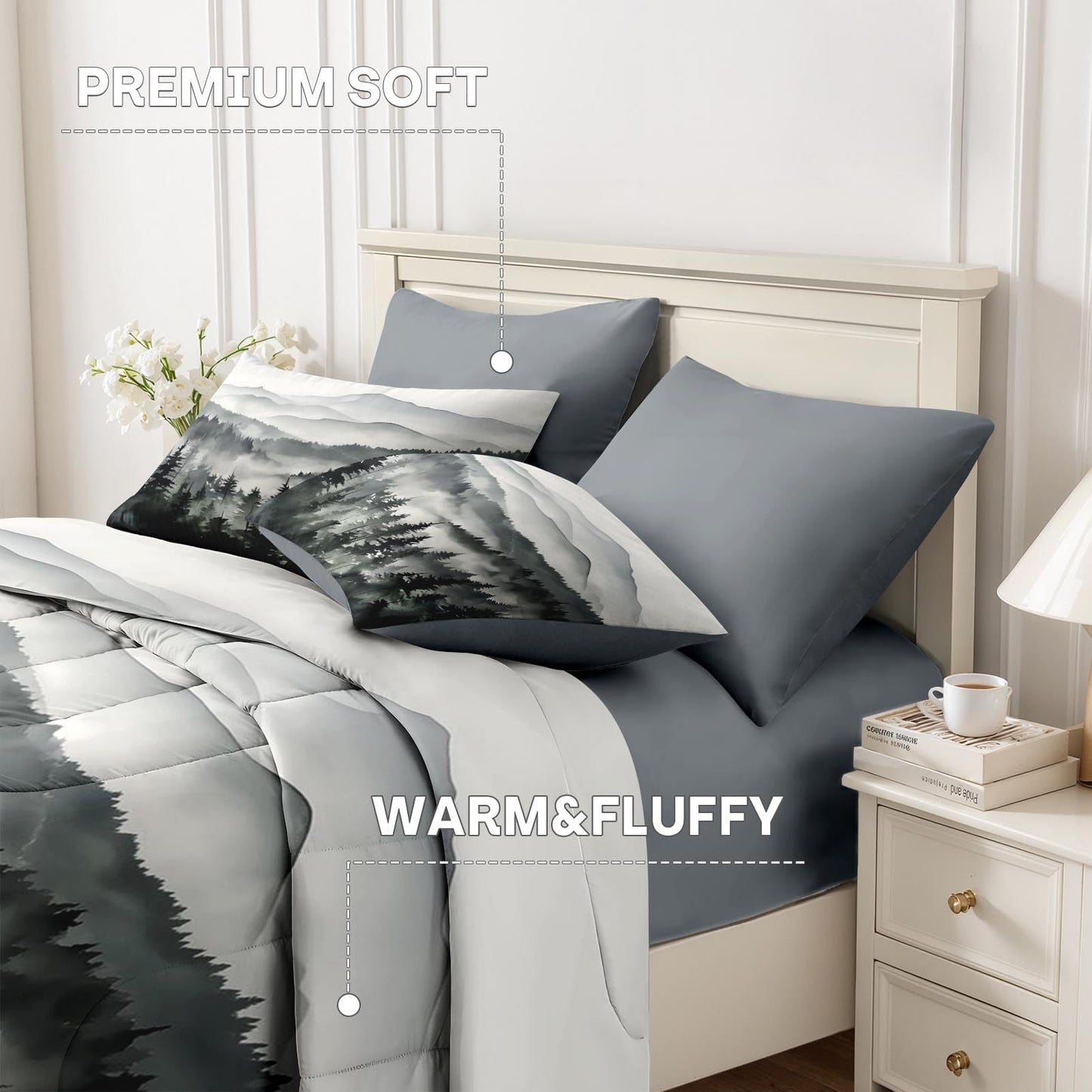 Nesker Comforter Set Full Size, Ink Forest 7 Pcs Bedding for Kids and Adults, Misty Mountains Bed Sheet Sets with Fitted Sheet 2 Pillowcases & 2 Shams