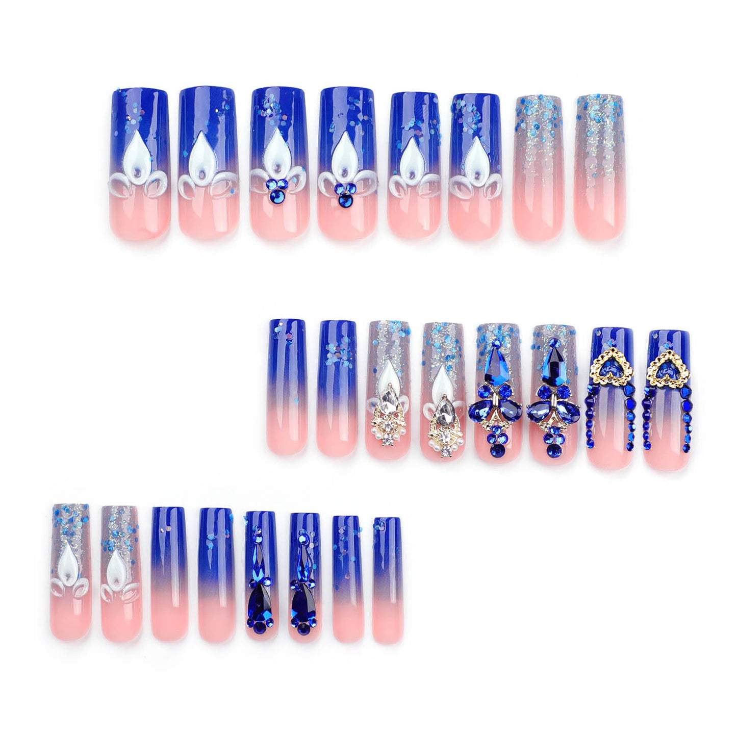 RTKHFZE Extra Long Press on Nails Square Fake Nails French Tip Acrylic False Nails with Blue Gradient Nails Designs with Rhinestones and Flower Artificial Nail Full Cover Glue on Nail for Women