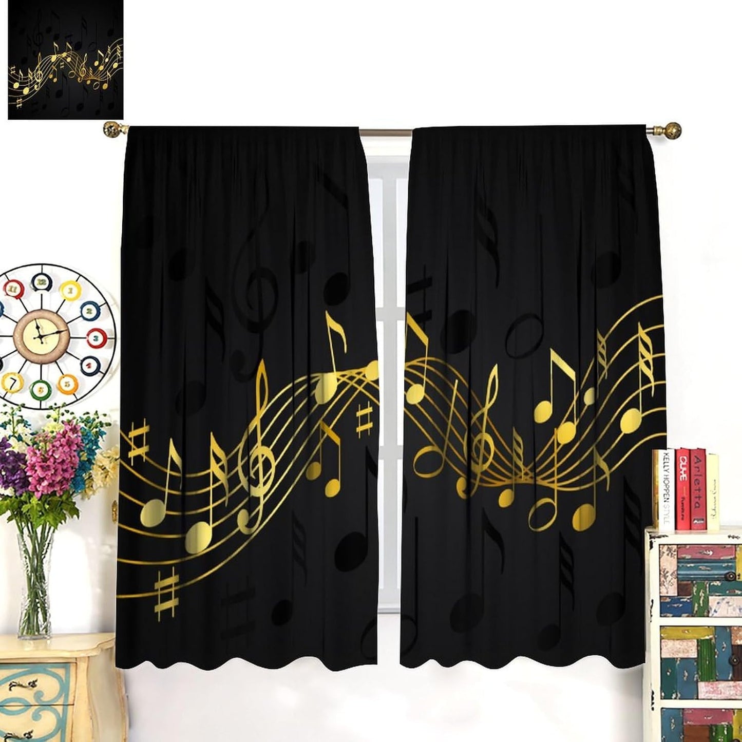 HZOHNAGO Music Curtains Black and Golden Music Notes Pattern Blackout Print Rod Pocket Window Drapes for Bedroom Living Room 42x45in