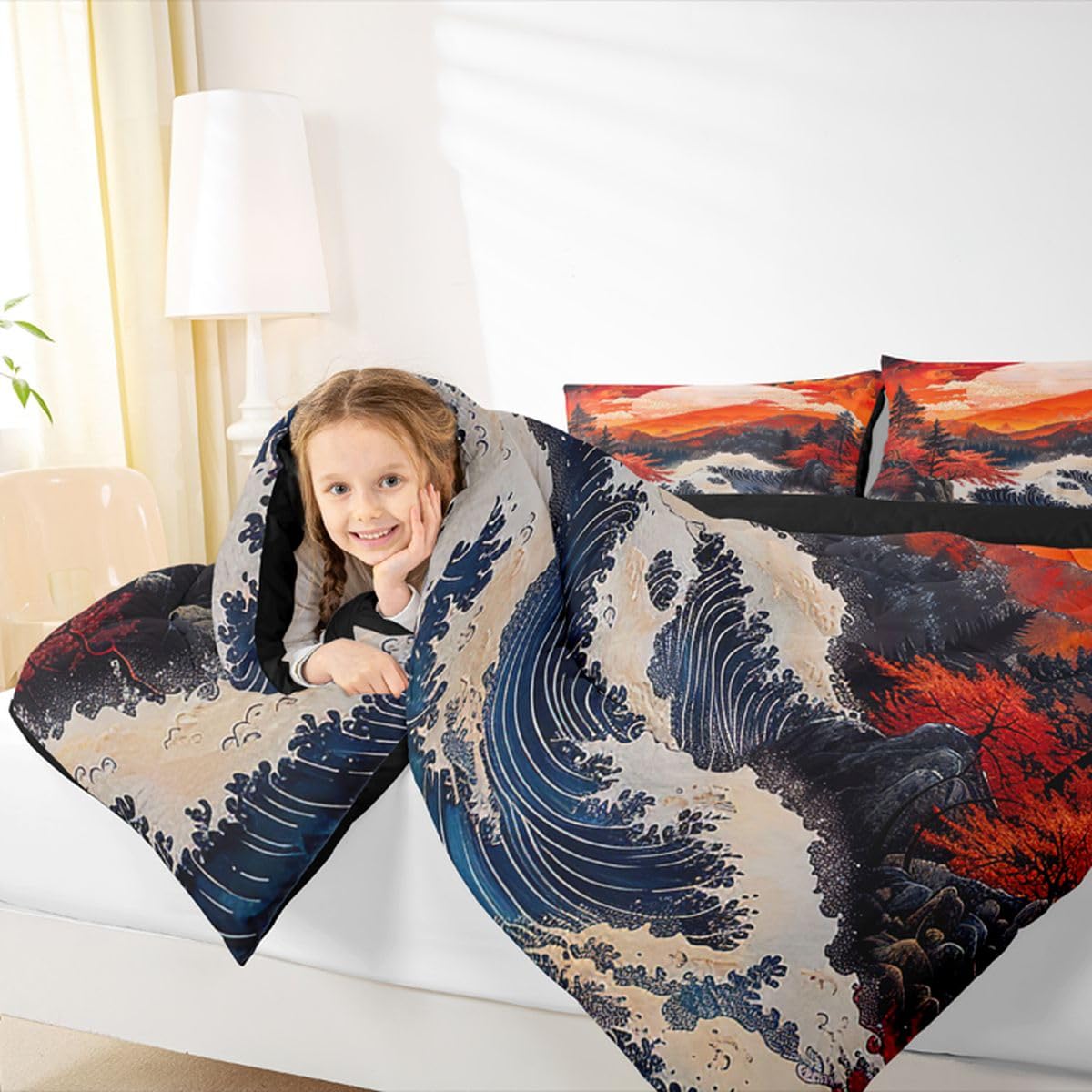jejeloiu Wave Comforter Set All Season Red Sun Bedding Set with 2 Pillow Cases Japanese Style Microfiber Kids Queen Bedclothes Ocean Wave Bedroom Decor Duvet Quilt Breathable Soft Lightweight