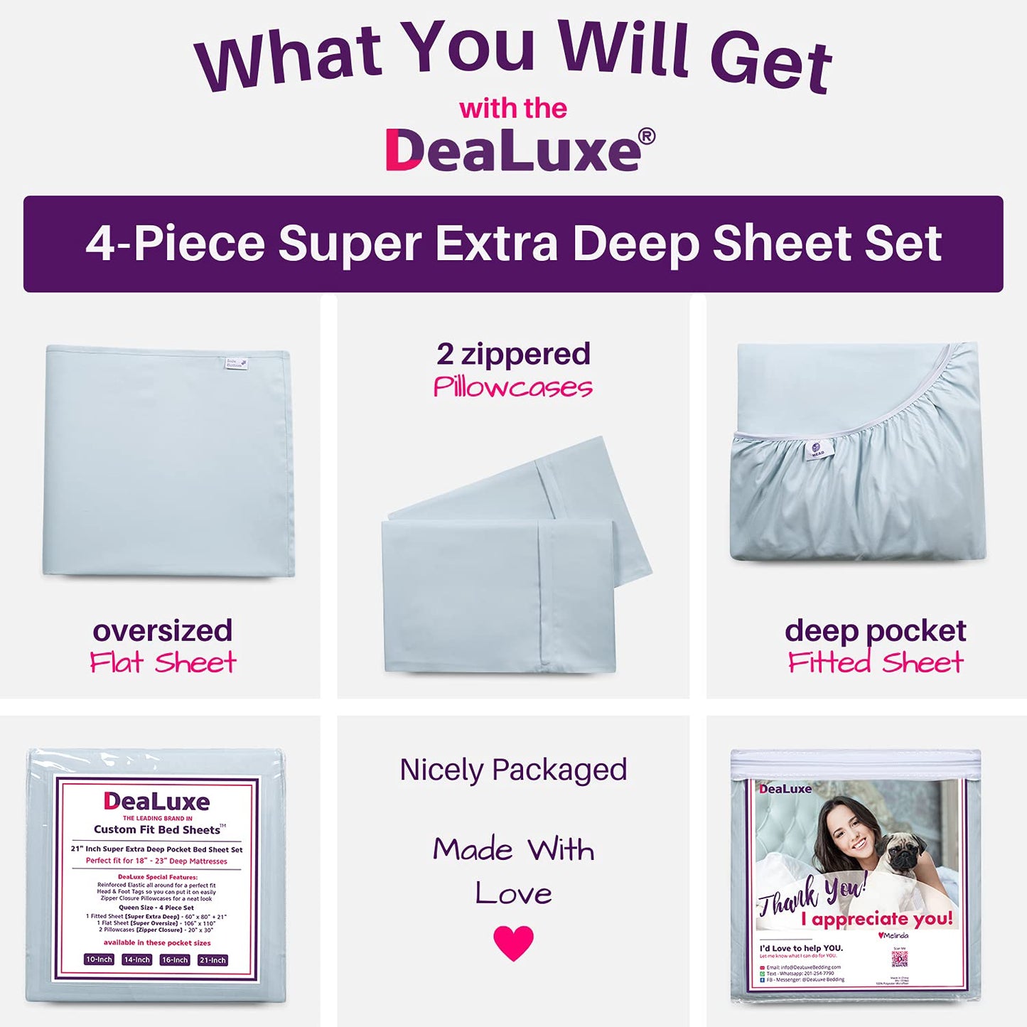 Extra Deep Pocket King Bed-Sheets – 4-Piece Includes: 18”-21” Inch Super Extra Deep Pocket Fitted Sheet – Oversize Flat Sheet – 2 Zipper Closure Pillowcases – Perfectly Fit – King Size – Light Blue