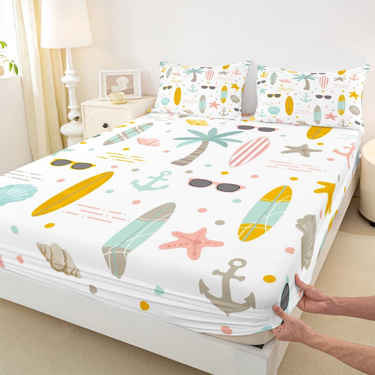 Nautical Anchor Bed Sheet Set for Kids Boys Girls Teens,Hawaii Palm Tree Sheet Set King Size,Surfboard Ocean Beach Bedding Set,Starfish Coastal Sea Animal Fitted Sheet + Flat Sheet + 2 Pillow Cases