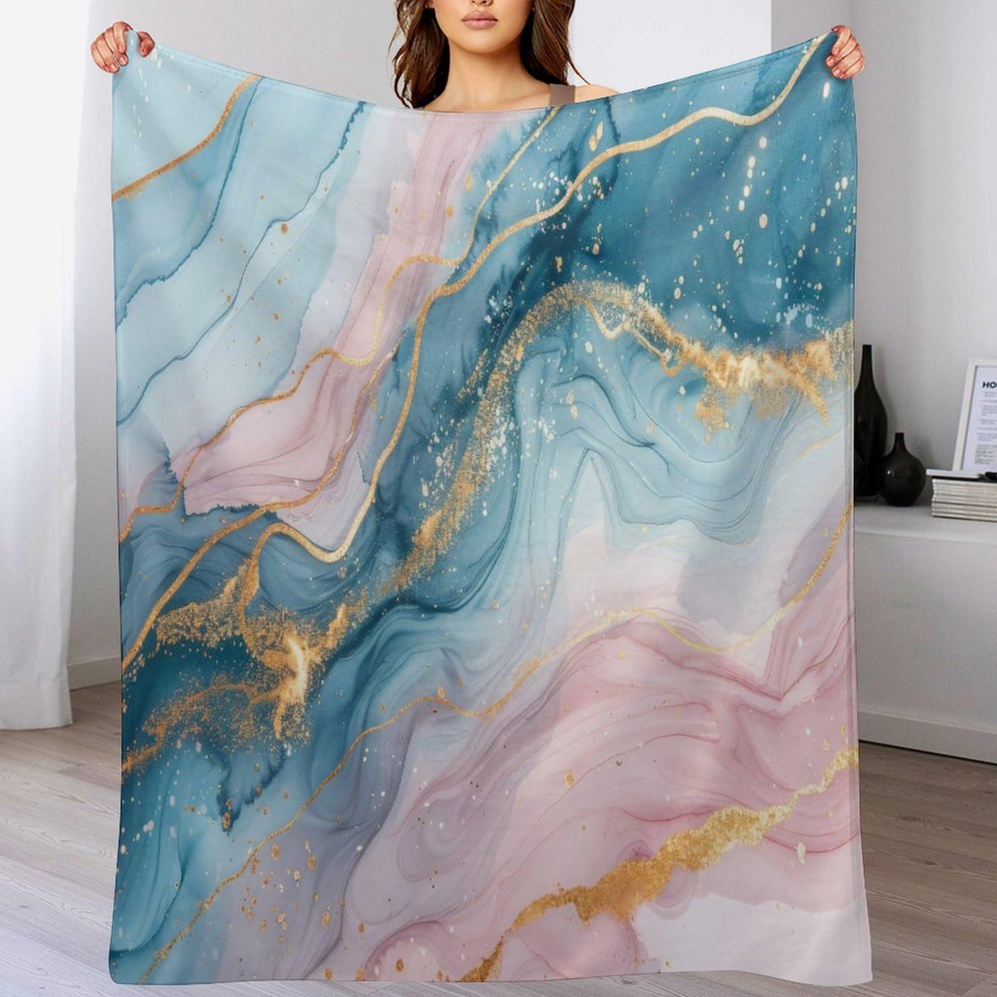 Marble Fleece Throw Blanket, Modern Luxury Foil Texture Pink Blue Gold Marble Super Soft Warm Blanket for Bed & Couch 40"x50", Cozy Fuzzy Throw Blanket for Travel Camping