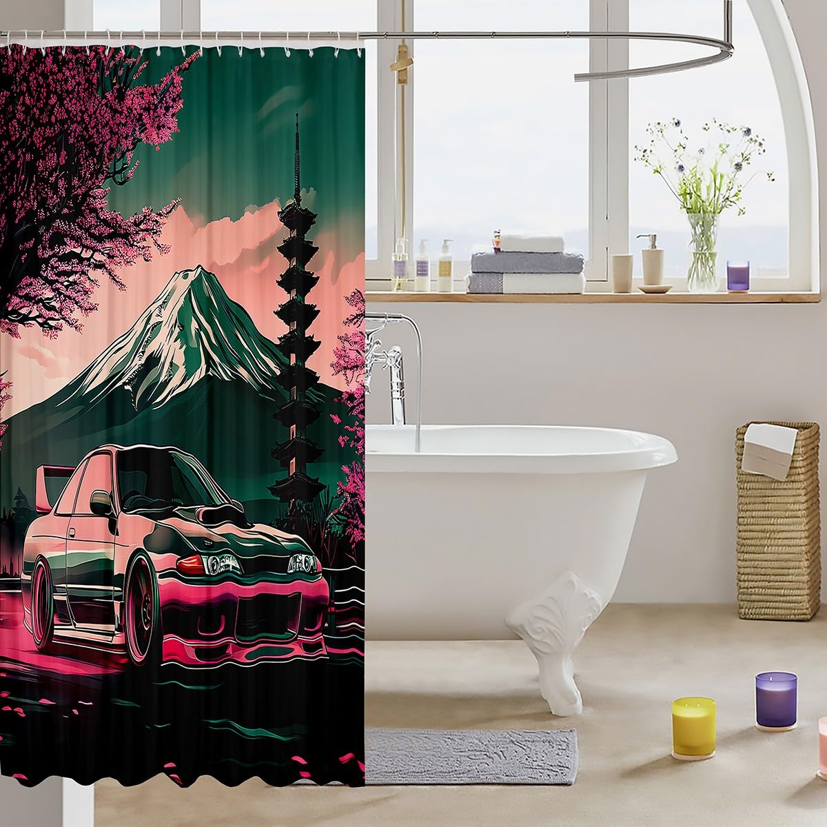 Feelyou Japanese Race Car Shower Curtain 72"x78" Speed Sports Car Cherry Blossoms Bath Curtain Boys Girls Racing Mount Fuji Bath CurtainExtreme Sports Kids Bathroom Accessories