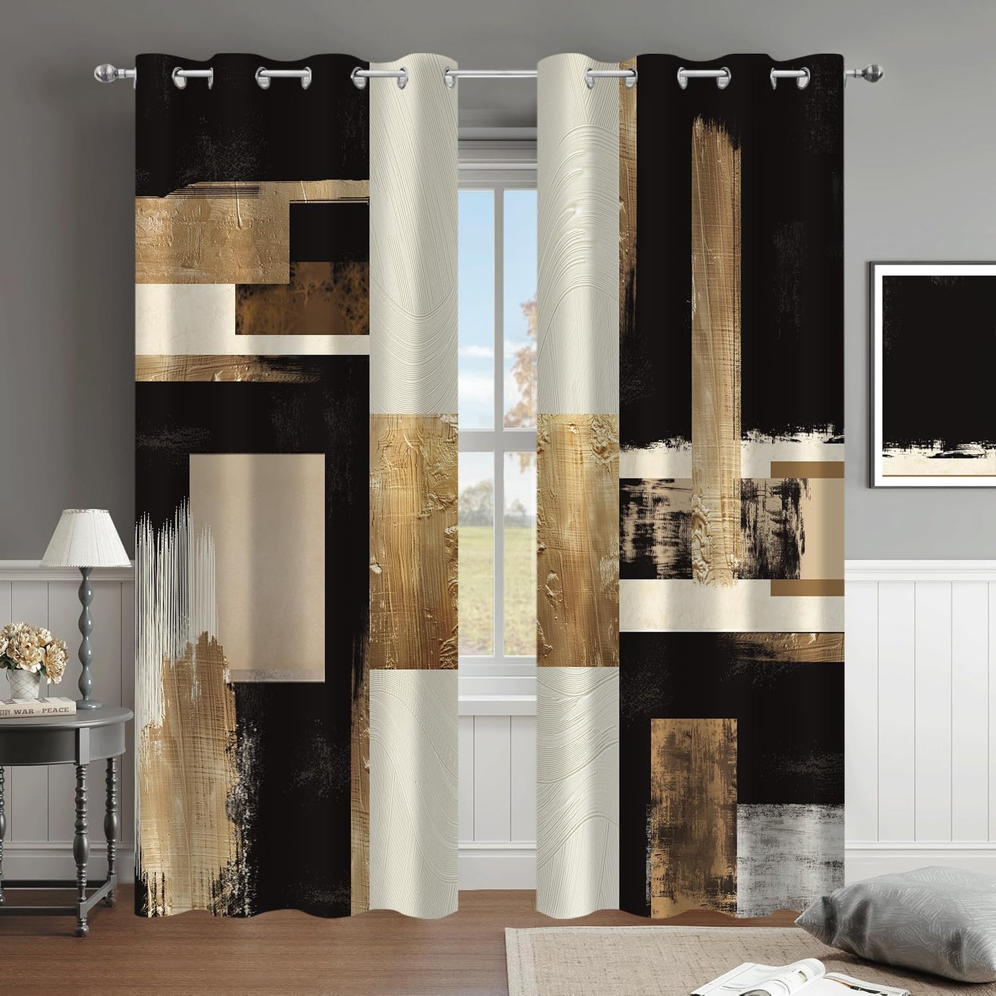 Moyrisou Boho Black Gold Abstract Blackout Curtains, Modern Oil Aesthetic Neutral Contemporary Beige Darkening Thermal Insulated Grommet Light Blocking Drape Decor, 52 x 84 Inch Long 2 Panels