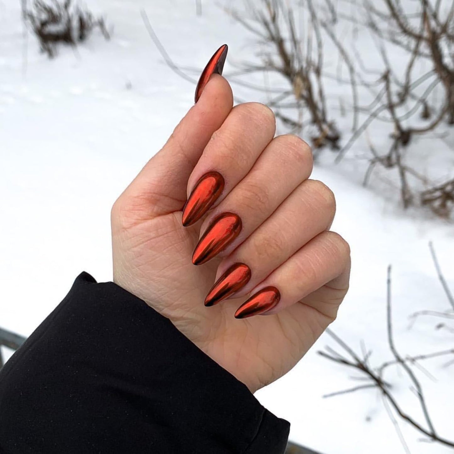 KQueenest Chrome Bright Red Press on Nails Almond Medium, Glazed Stiletto Fake Nails Medium, Metallic Acrylic Nails Press ons Mirror Effect, Sparkle Bling Glue on Nails for Women Summer Wear 24 Pcs