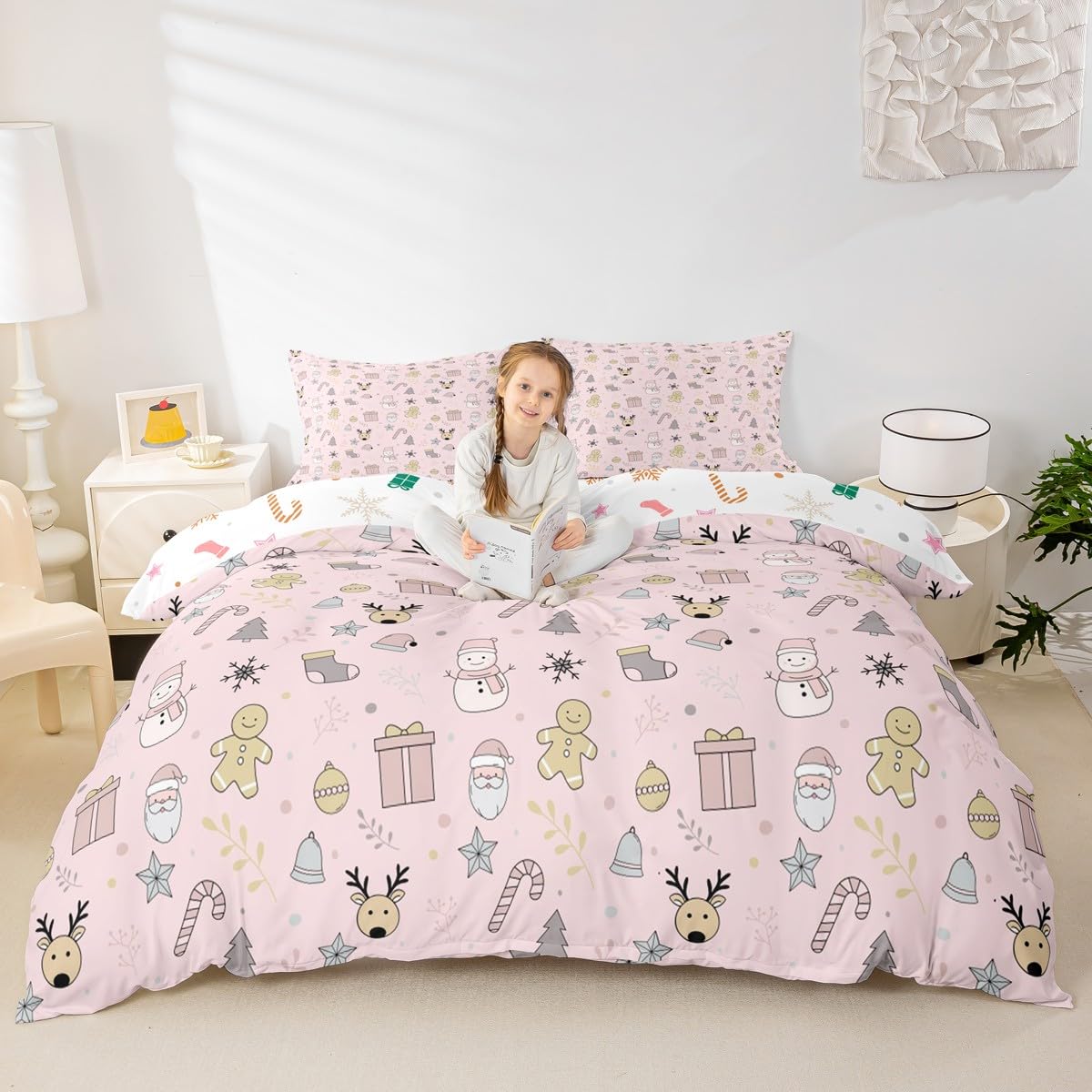 Merry Christmas Bedding Sets Twin Size,Cute Snowman Deer Duvet Cover Set 2Pcs for Kids Girls Boys Adult Room Decor,Cartoon Santa Claus Comforter Cover Pink Snowflake Quilt Cover,1 Pillowcase