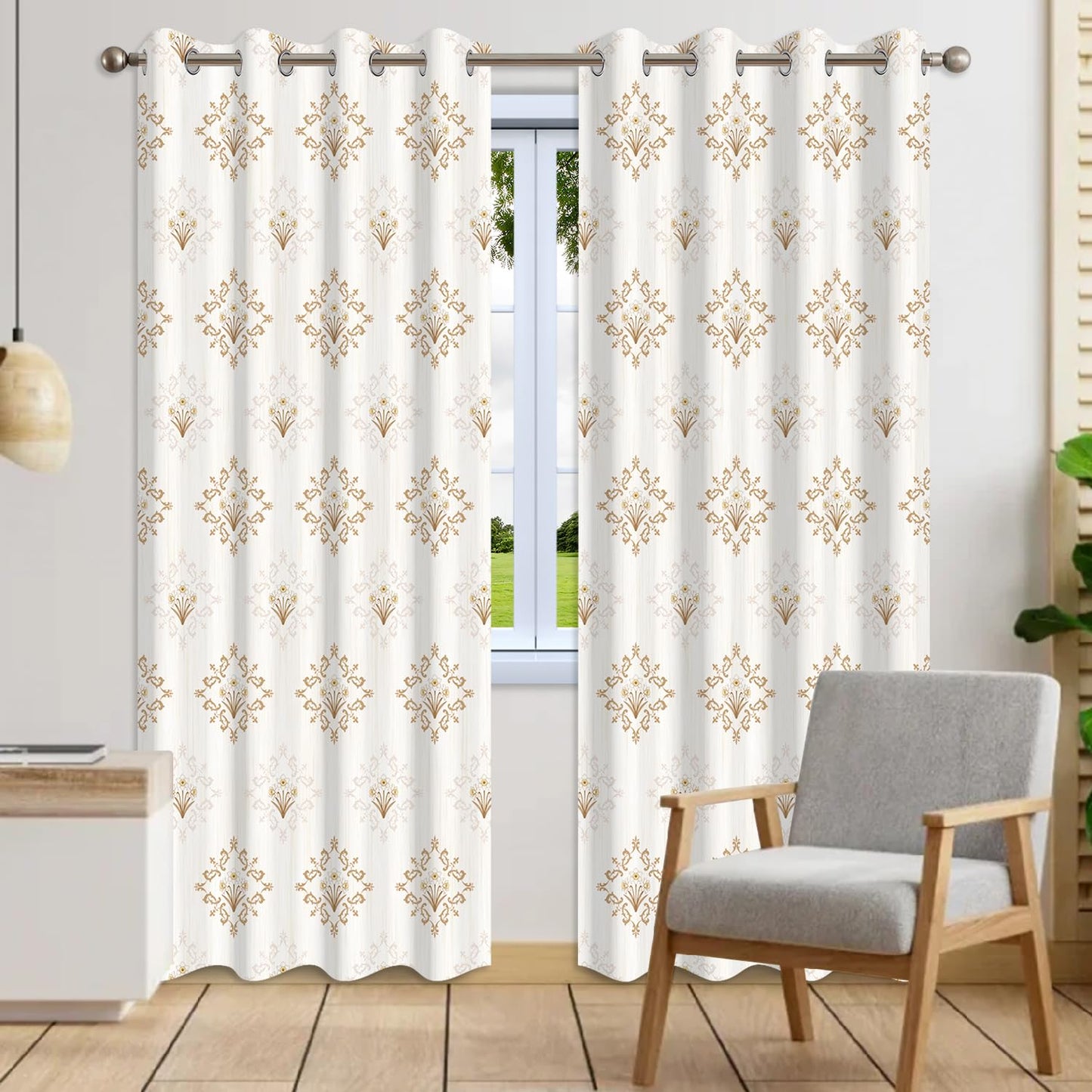 Xiazhilaio Cream and Gold Blackout Curtains 2 Panels Set - Geometric Floral Damask Printed Grommet Window Drapes for Bedroom Living Room, Thermal Insulated Room Darkening Curtains 84 Inches Long