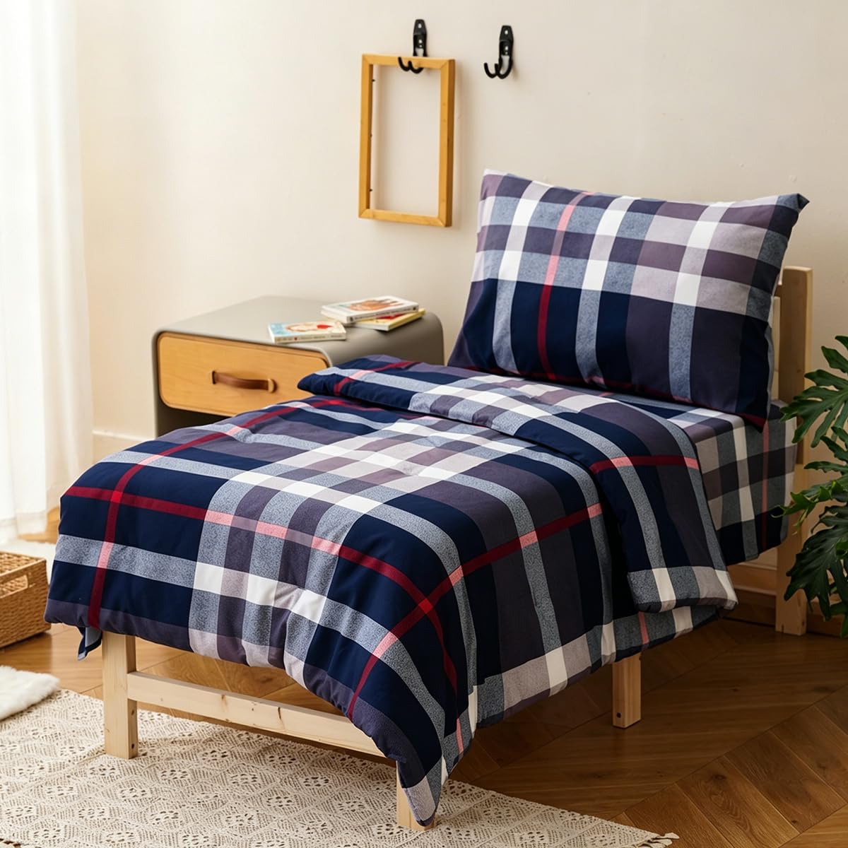 CLOTHKNOW 4Pieces Blue Plaid Toddler Bedding Sets for Boys Girls Tartan Grid Comforter Sets, Tartan Check Bedding, Soft Crib Bed Sets