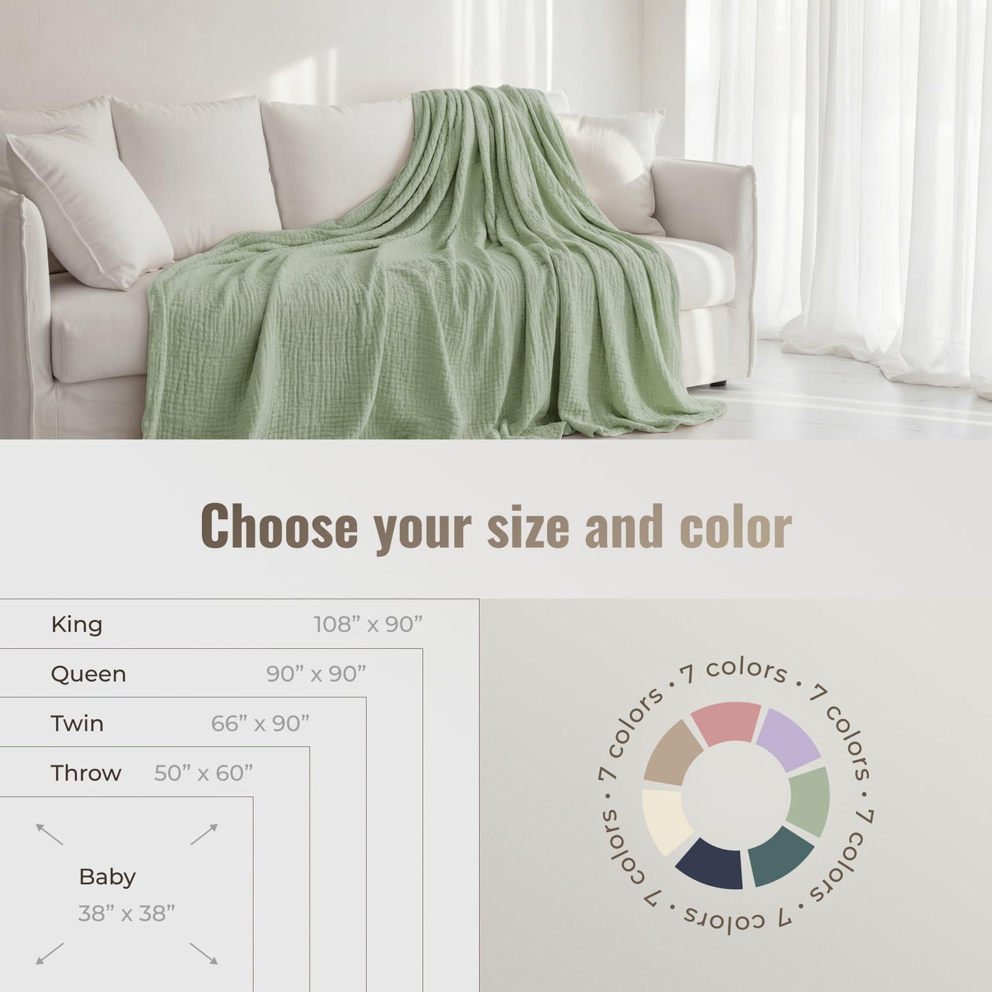 Mellow Buff 4-Layer Muslin Cotton Throw Blanket (50 x 60 inches) – Ultra Soft Breathable Gauze Throw, Lightweight All-Season Couch & Sofa Blanket, Cozy Neutral Home Decor, Machine Washable – Green