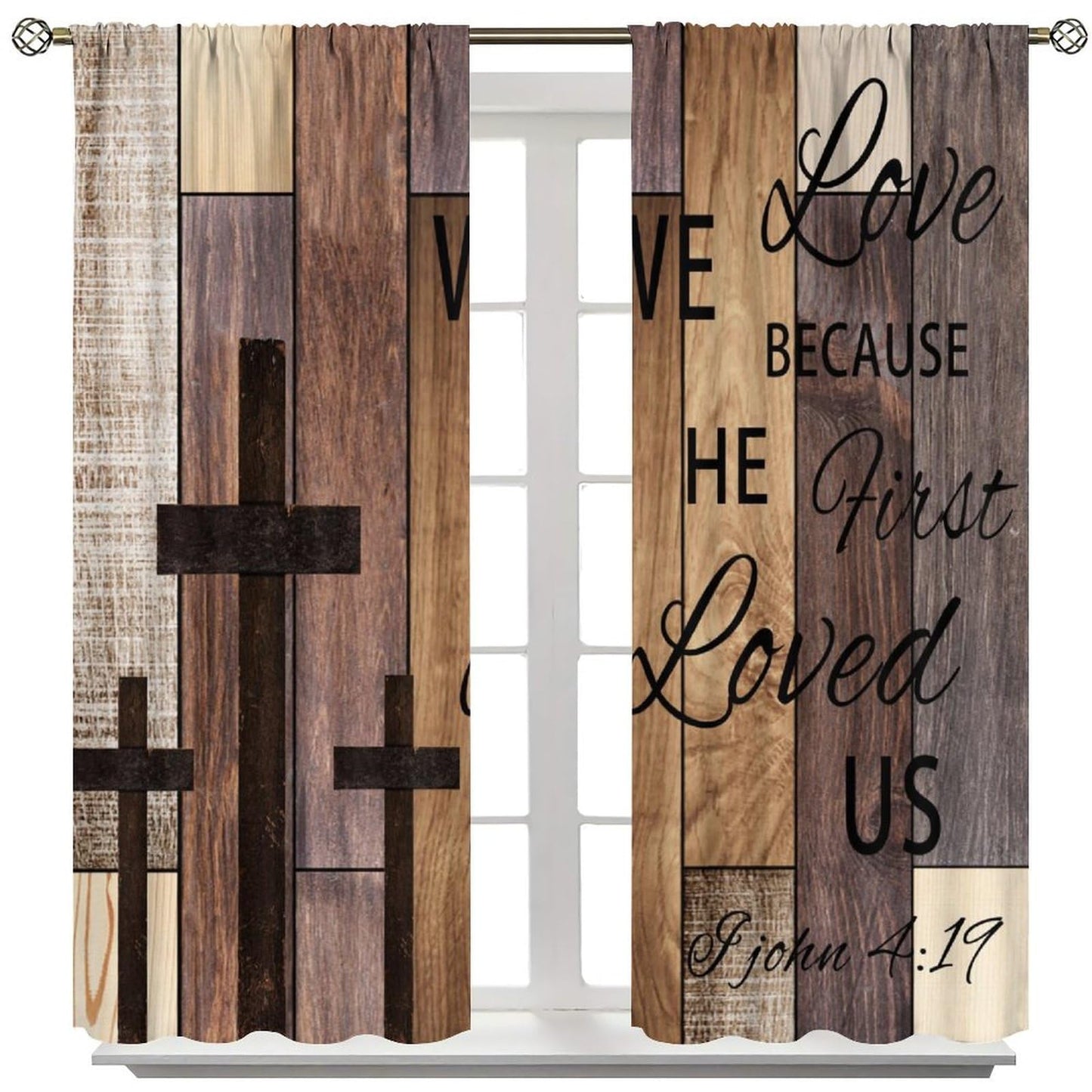 AAVEUP Farmhouse Wooden Curtains for Kitchen Rustic Brown Wood Board Bible Verse Cross Country Cottage Western Barnwood Garage Old Plank Window Drapes Print for Bedroom Living Room 42x45in