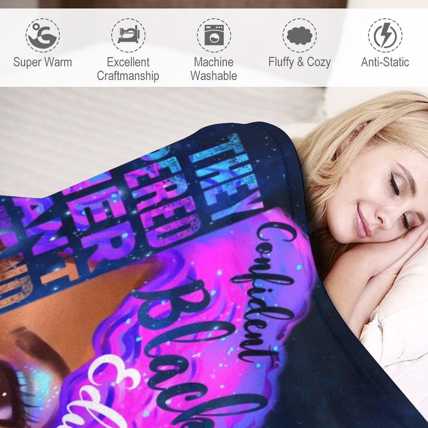 African American Woman Bedding Fleece Throw Blanket, Beautiful Purple Hair Black Grils Inspirational Quotes All Season Flannel Soft Warm Microplush Lightweight Thermal for Sofa Bed Bedroom 40"x50"