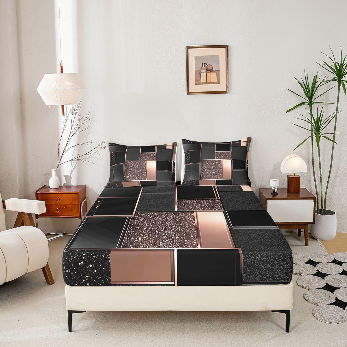 Feelyou Modern Abstract Bed Sheets Sets Queen Size Kids Boys Girls Orange Geometric Bedding Set Metallic Print Geometric Bed Sheet Set with 16-Inch Deep Pockets 4Pcs with 2 Pillow Cases