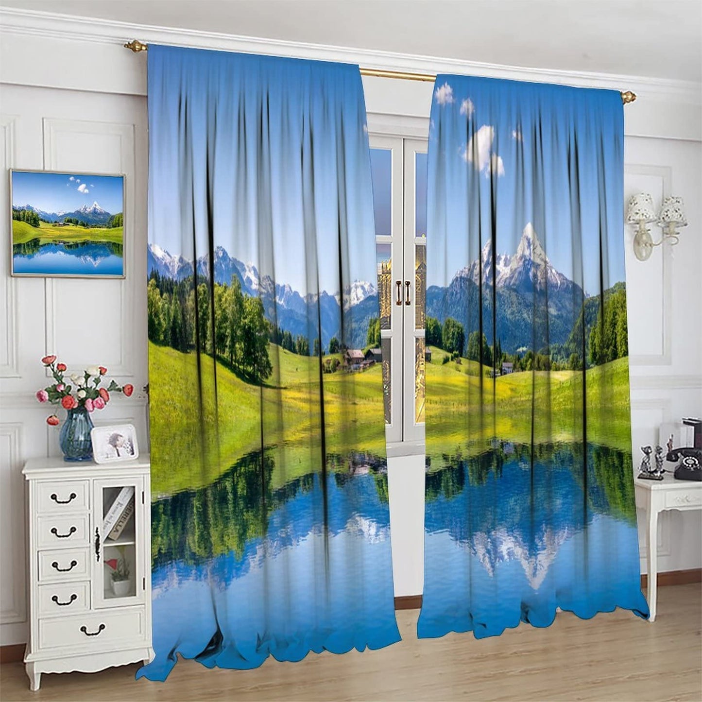 Lake Deocr Curtain, Nature Mountain Scenic Beautiful Blue Sky White Cloud House Grassland Landscapes Home Decor Windows Rod Pocket Curtains for Bedroom Kitchen Cafe Office Drapes 42x45in