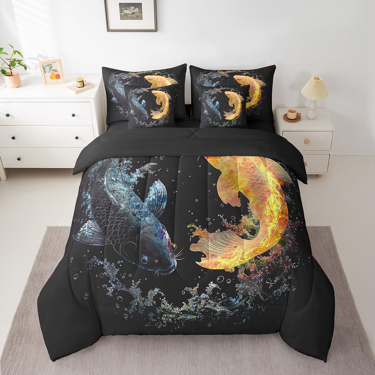 Erosebridal Teal 3D Fish 7 Pcs Comforter Set Queen Size,Fish Scales Wildlife Bed in a Bag with Flat Sheet and Fitted Sheet for Kids Teens Adult,Hunting Bedding Set with Pillowcase and Sham Reversible