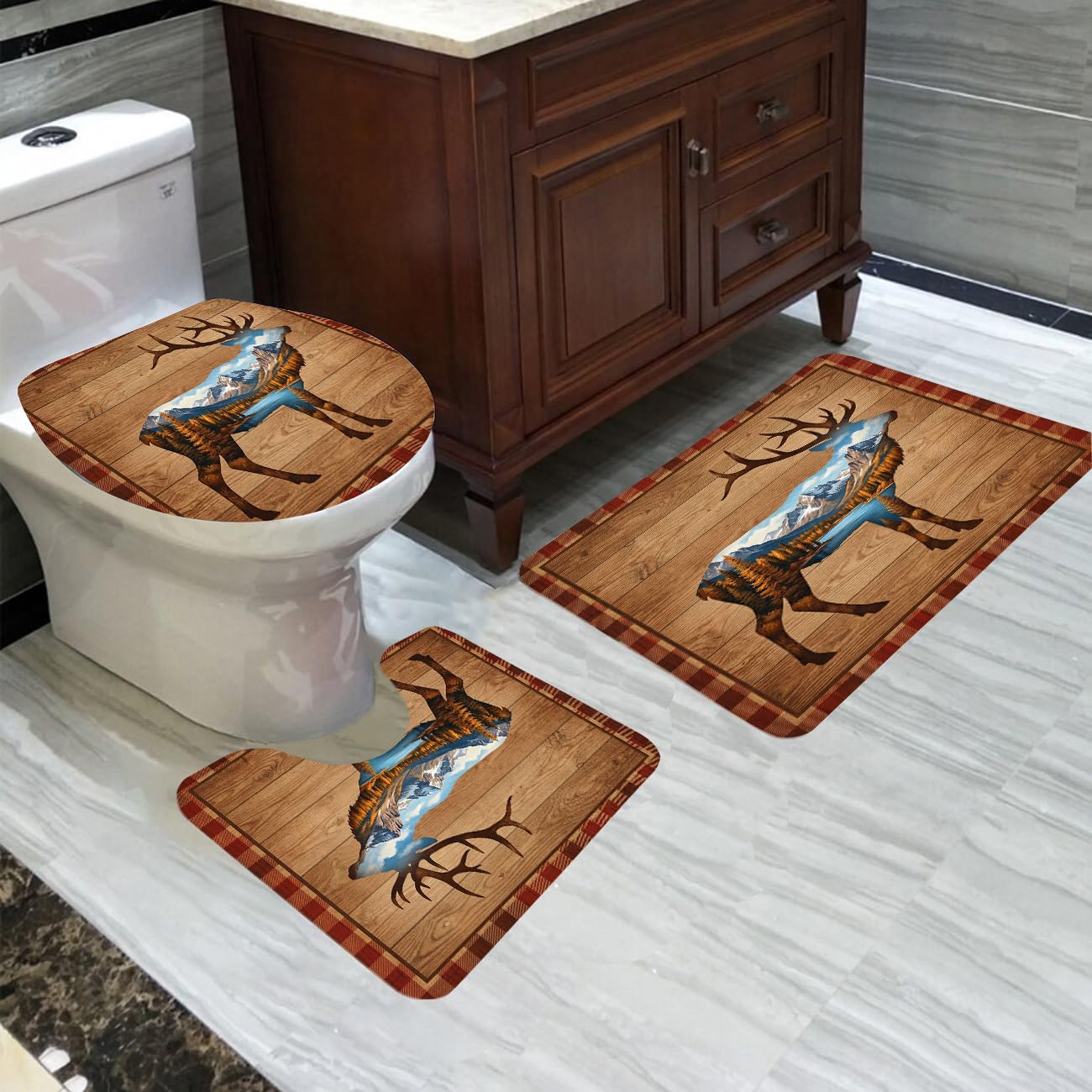 JPSBJWJ 4PCS Deer Shower Curtain Set, Simple Mountain River Forest Wooden Hunting Shower Curtain Set for Cabin Bathroom Decor Bathroom Decor with Toilet Cover and Bath Mat 12 Hooks 70 x 70 Inches